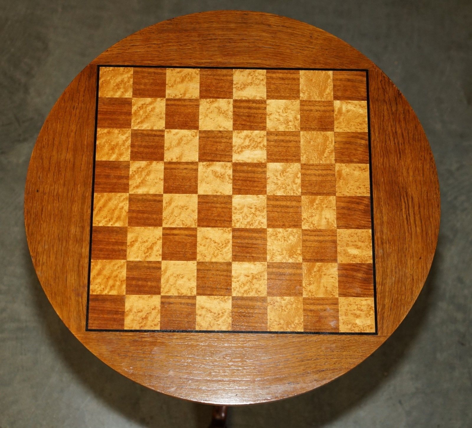 Antique Mahogany Satinwood & Walnut Chess Games Table With Lovely Turned Base photo for sale