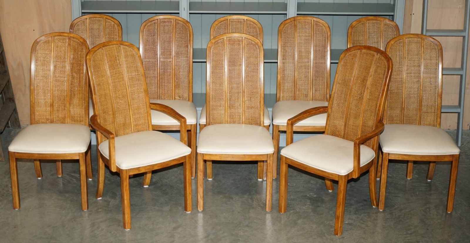 2950.0 Vintage English Burr Oak & Teak Dining Table & Ten Bergere Dining Chairs Suite photo