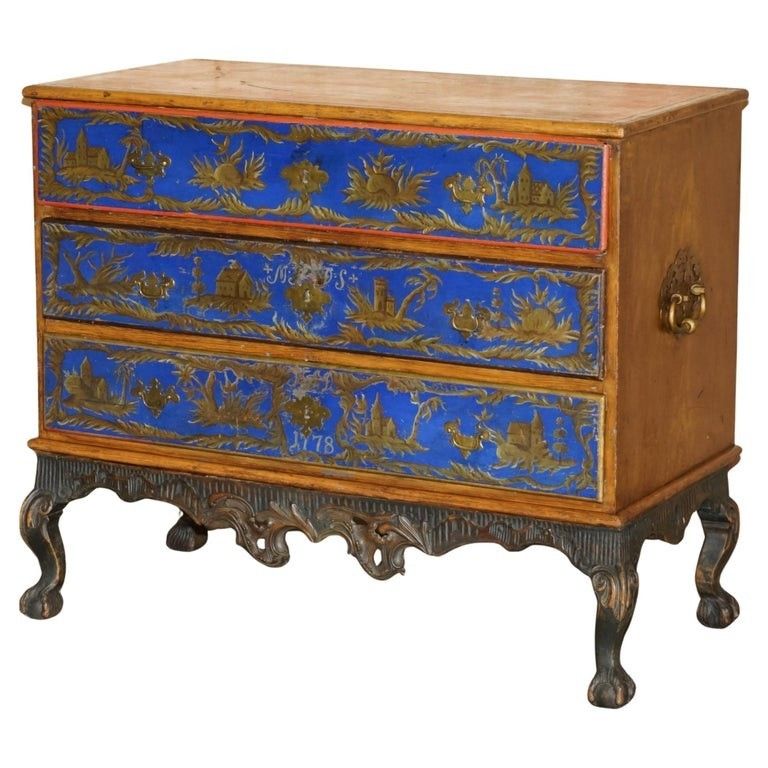 Stunning 1778 Dated Polychrome Painted Claw & Ball Campaign Chest Of Drawers
