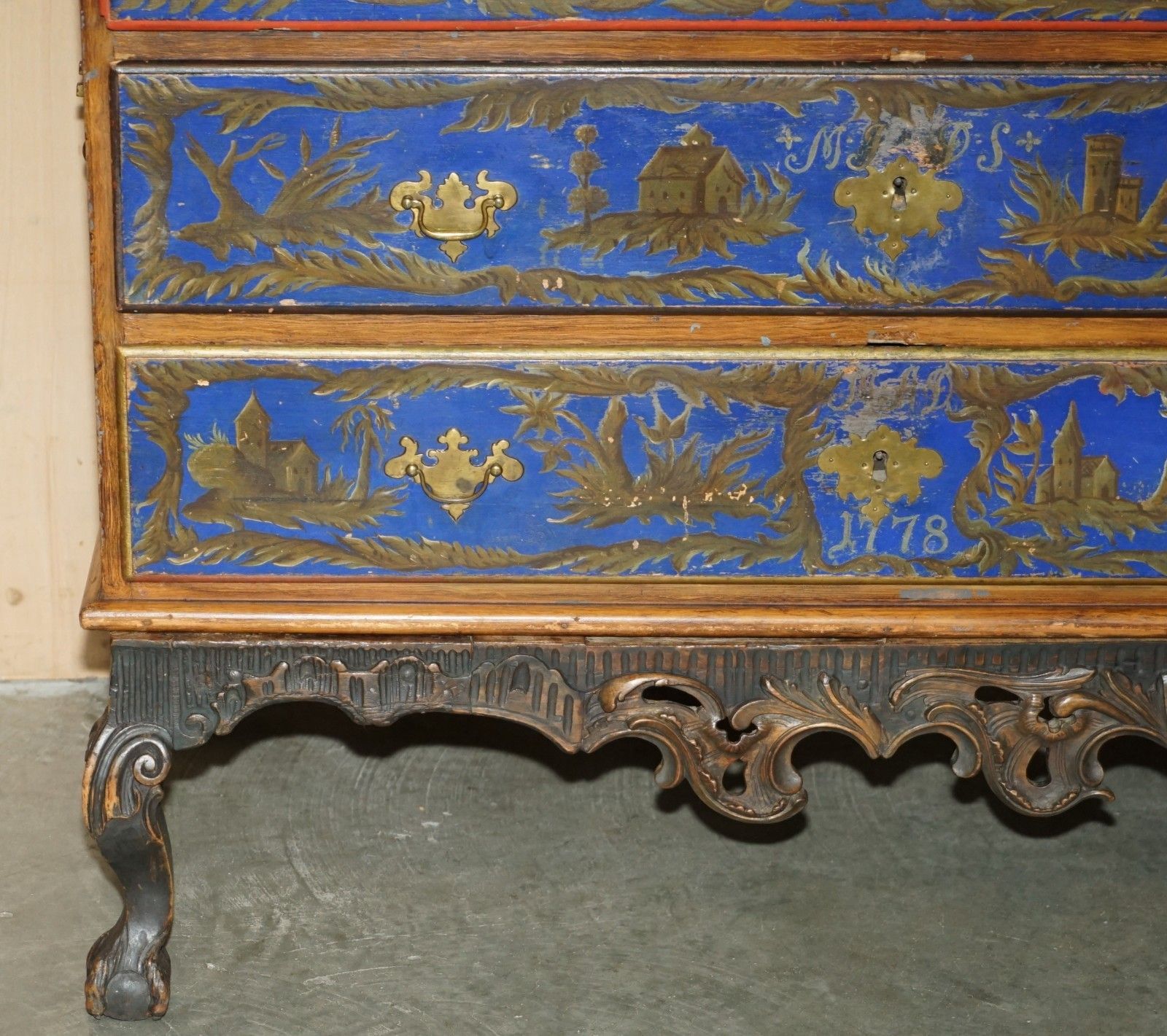 Stunning 1778 Dated Polychrome Painted Claw & Ball Campaign Chest Of Drawers photo vinterior