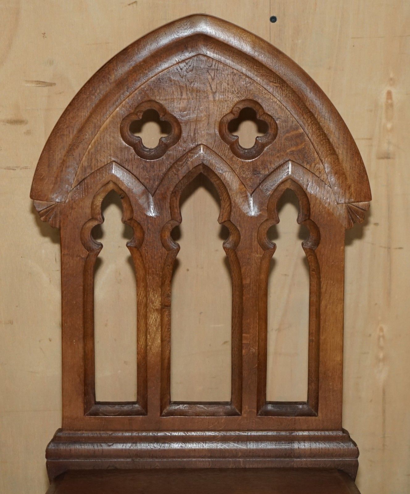 Four Circa 1920 English Oak Hand Carved Gothic Revival Steeple Back Hall Chairs photo Furniture