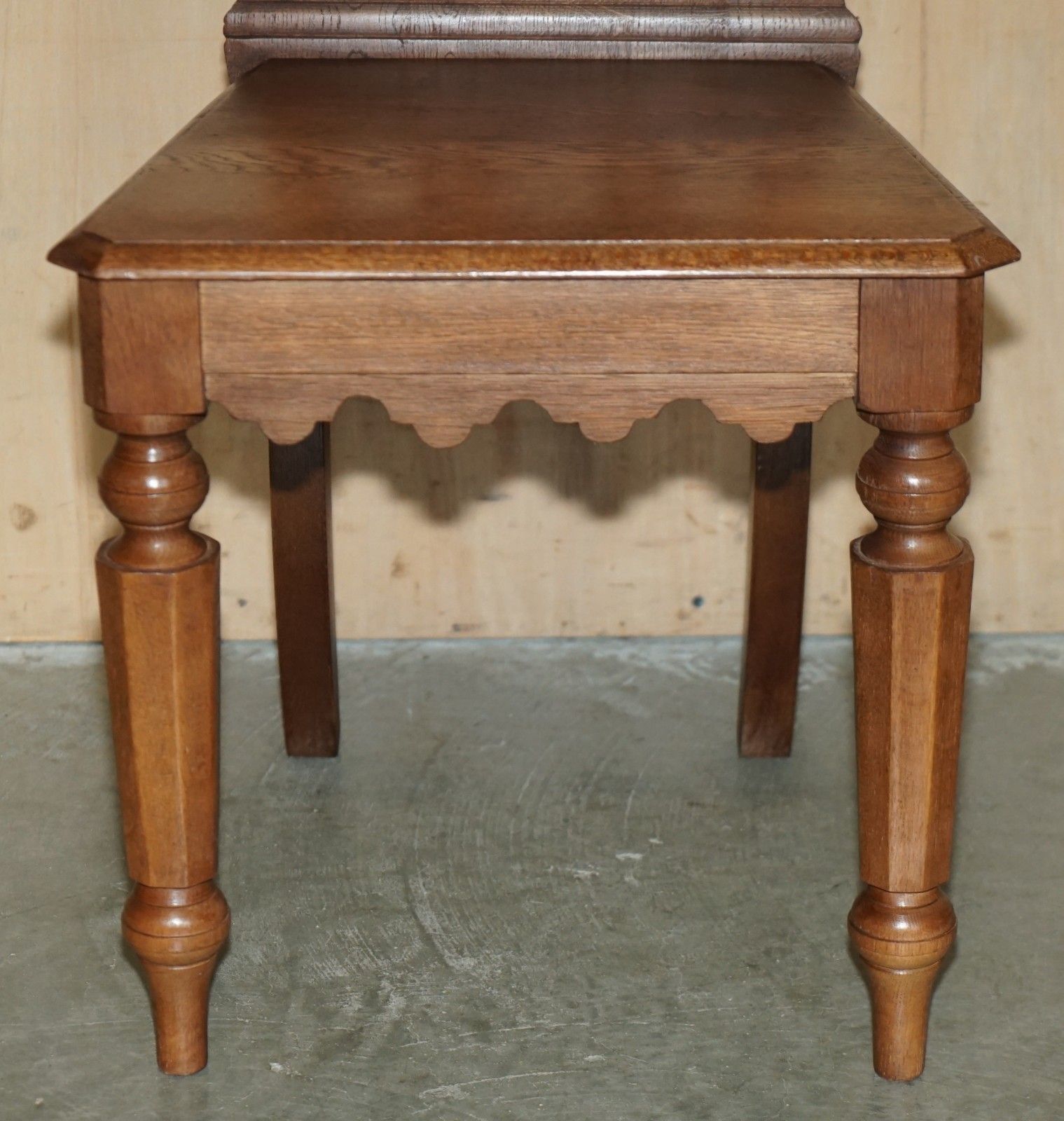 Four Circa 1920 English Oak Hand Carved Gothic Revival Steeple Back Hall Chairs photo buy