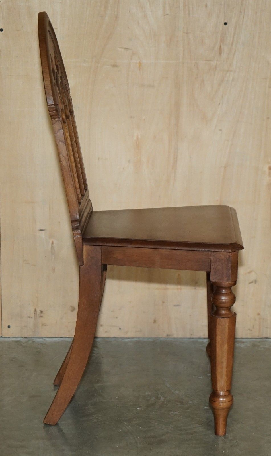 photo furniture Four Circa 1920 English Oak Hand Carved Gothic Revival Steeple Back Hall Chairs