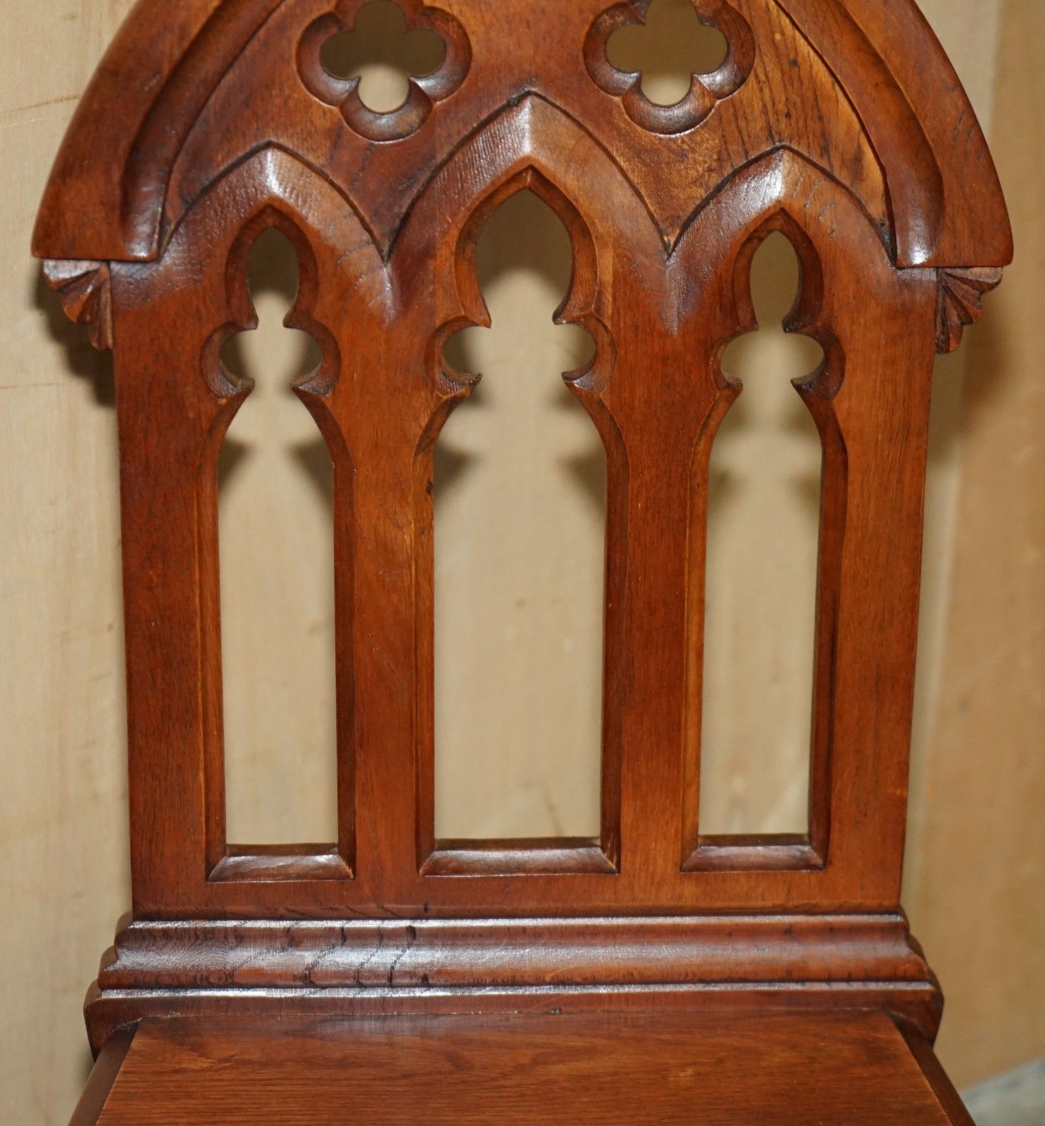 photo vintage Four Circa 1920 English Oak Hand Carved Gothic Revival Steeple Back Hall Chairs