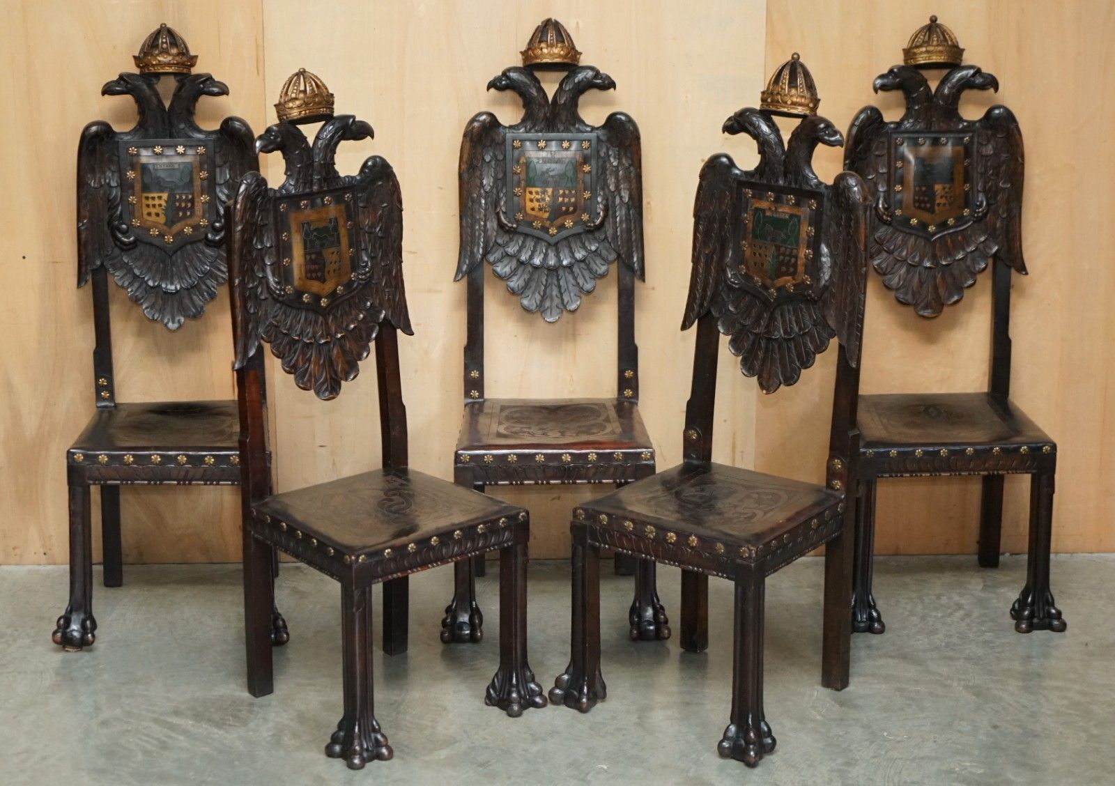Five 19th Century Carved Continental Baroque Double Eagle Coat Of Arms Chairs photo furniture