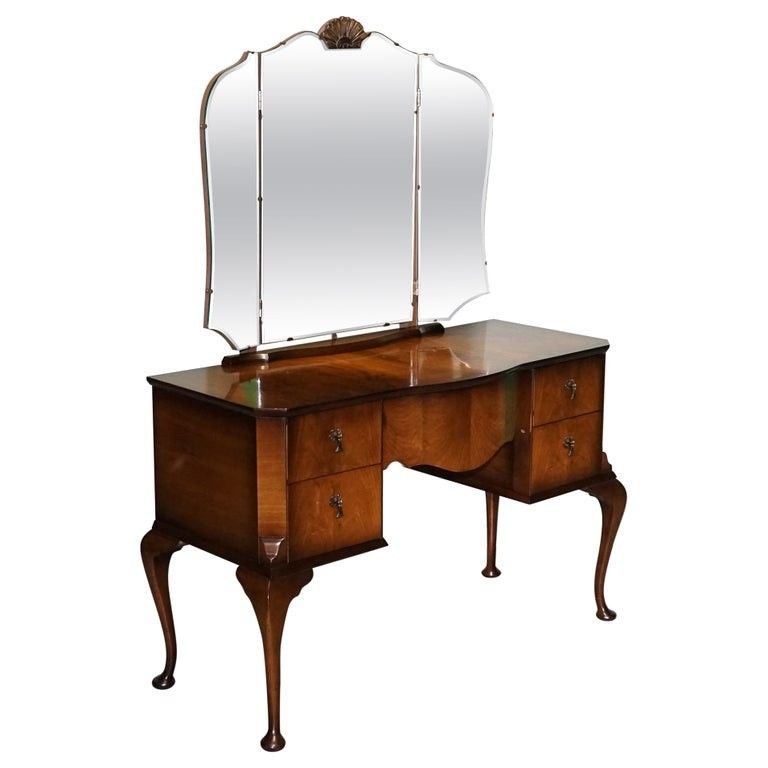 Vintage Queen Anne Style Legs Dressing Table Vanity With Large Mirror