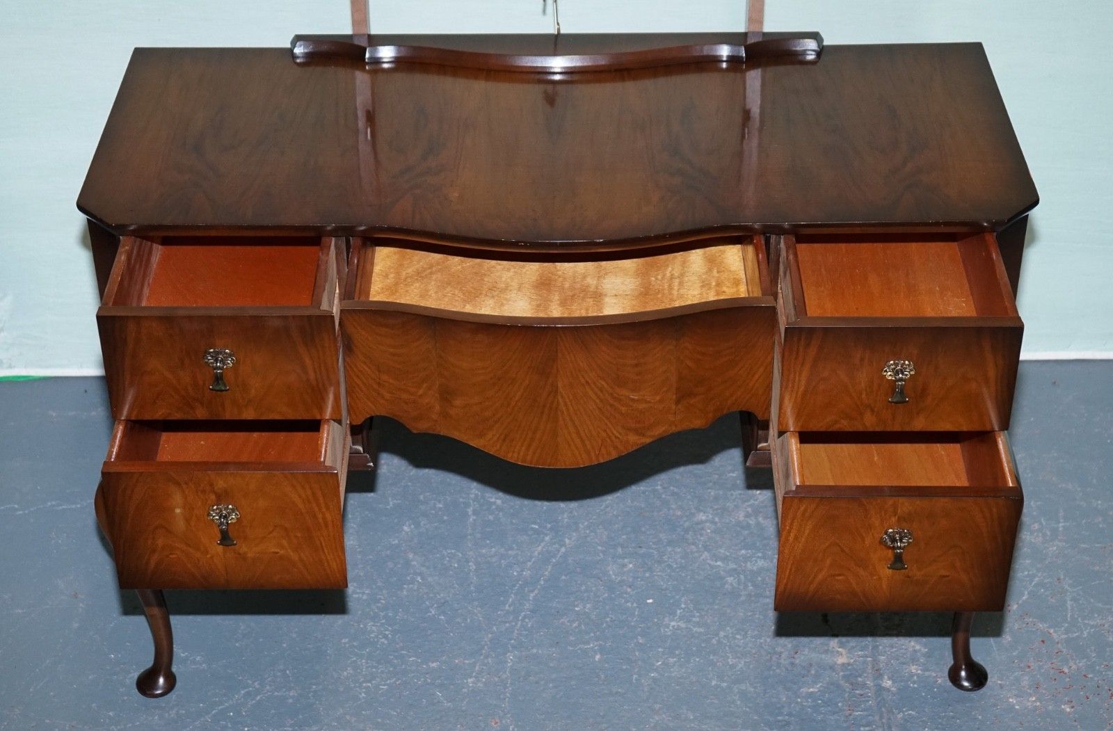 Vintage Queen Anne Style Legs Dressing Table Vanity With Large Mirror photo vintage