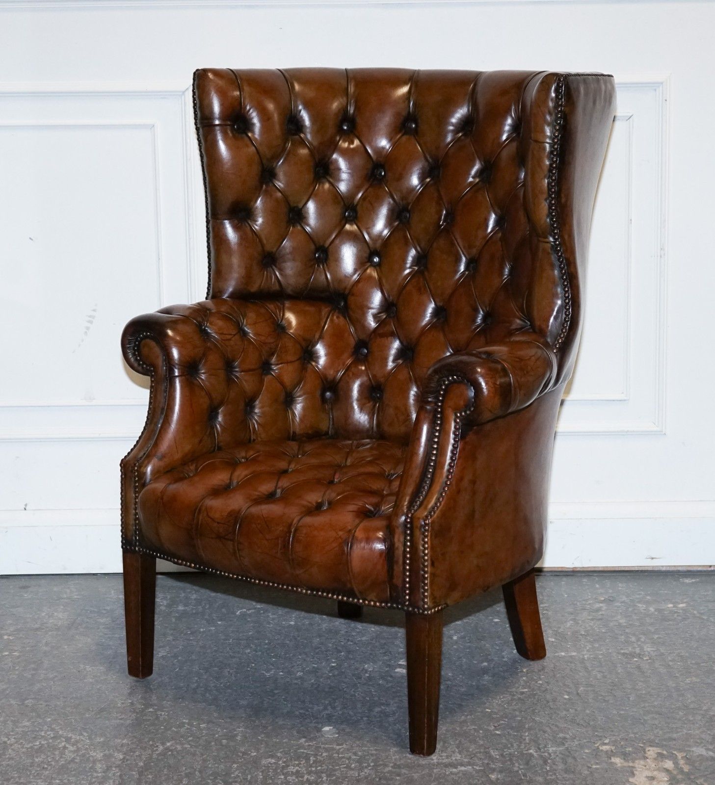 Restored Chesterfield Hand Dyed Leather Porters Wingback Armchair photo for sale