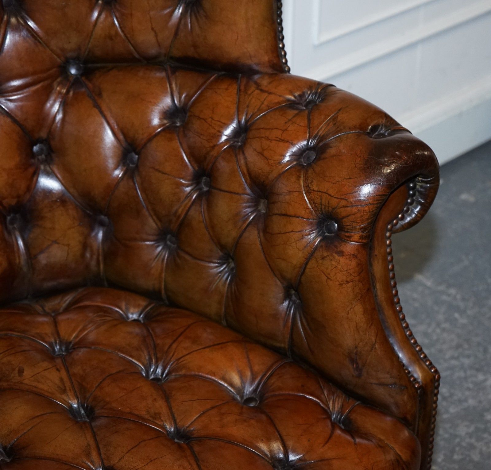 Restored Chesterfield Hand Dyed Leather Porters Wingback Armchair photo vintage