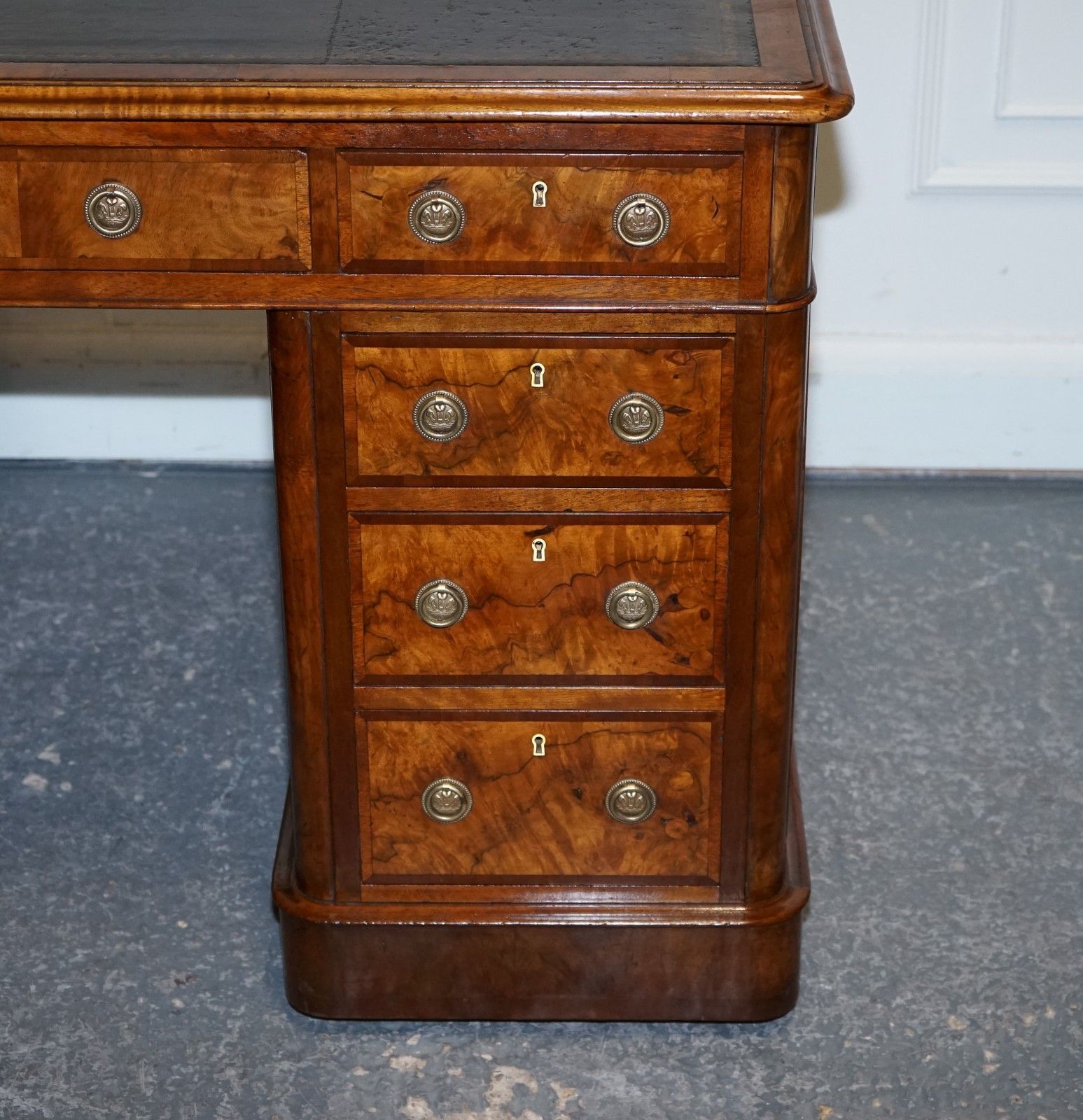 Important Royal Druce & Co London 1840's Restored Burr Walnut Twin Pedestal Desk photo buy