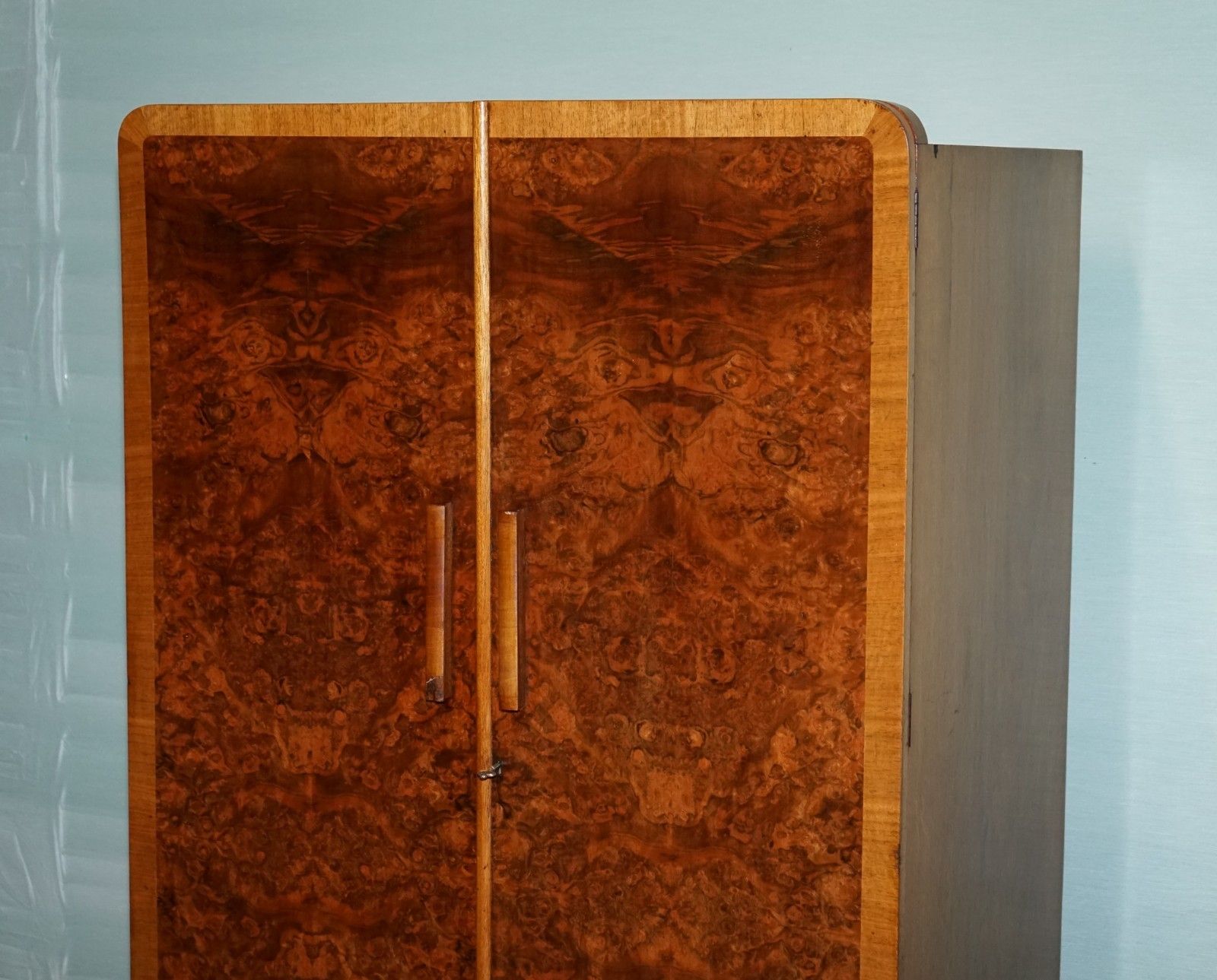 1930s Petite Vintage English Art Deco Burr Walnut Double Wardrobe Linen Press photo Furniture