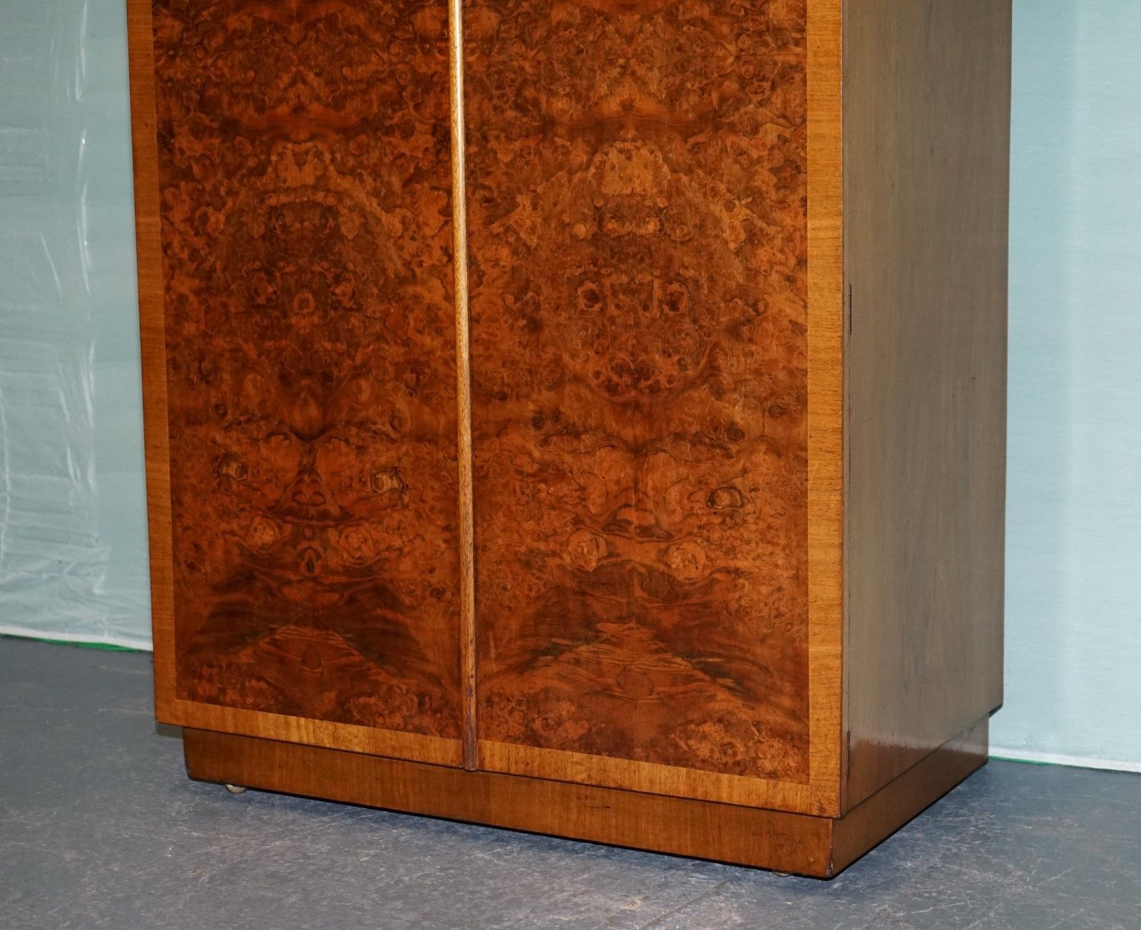 1930s Petite Vintage English Art Deco Burr Walnut Double Wardrobe Linen Press photo 1750.0