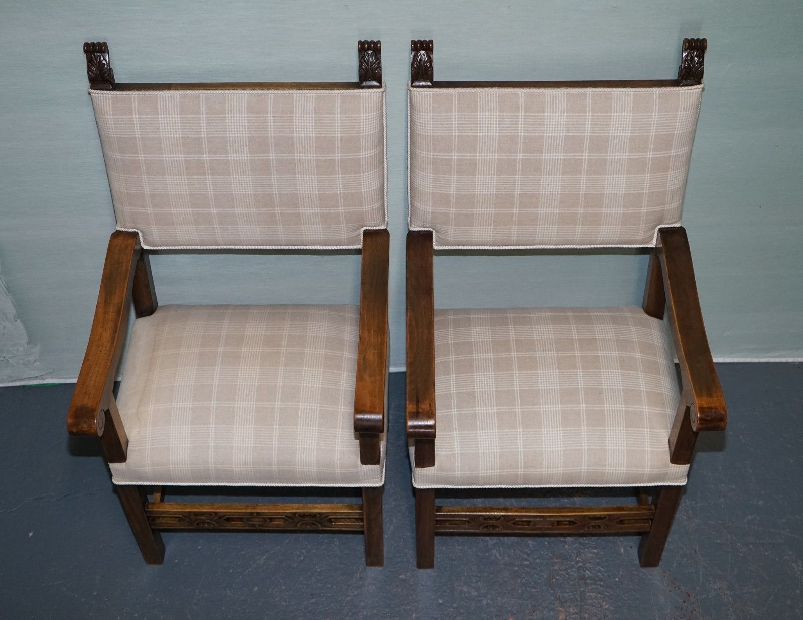 Furniture Lovely Pair Of Victorian Newly Upholstered Carver Armchairs Carved Wood Detail photo