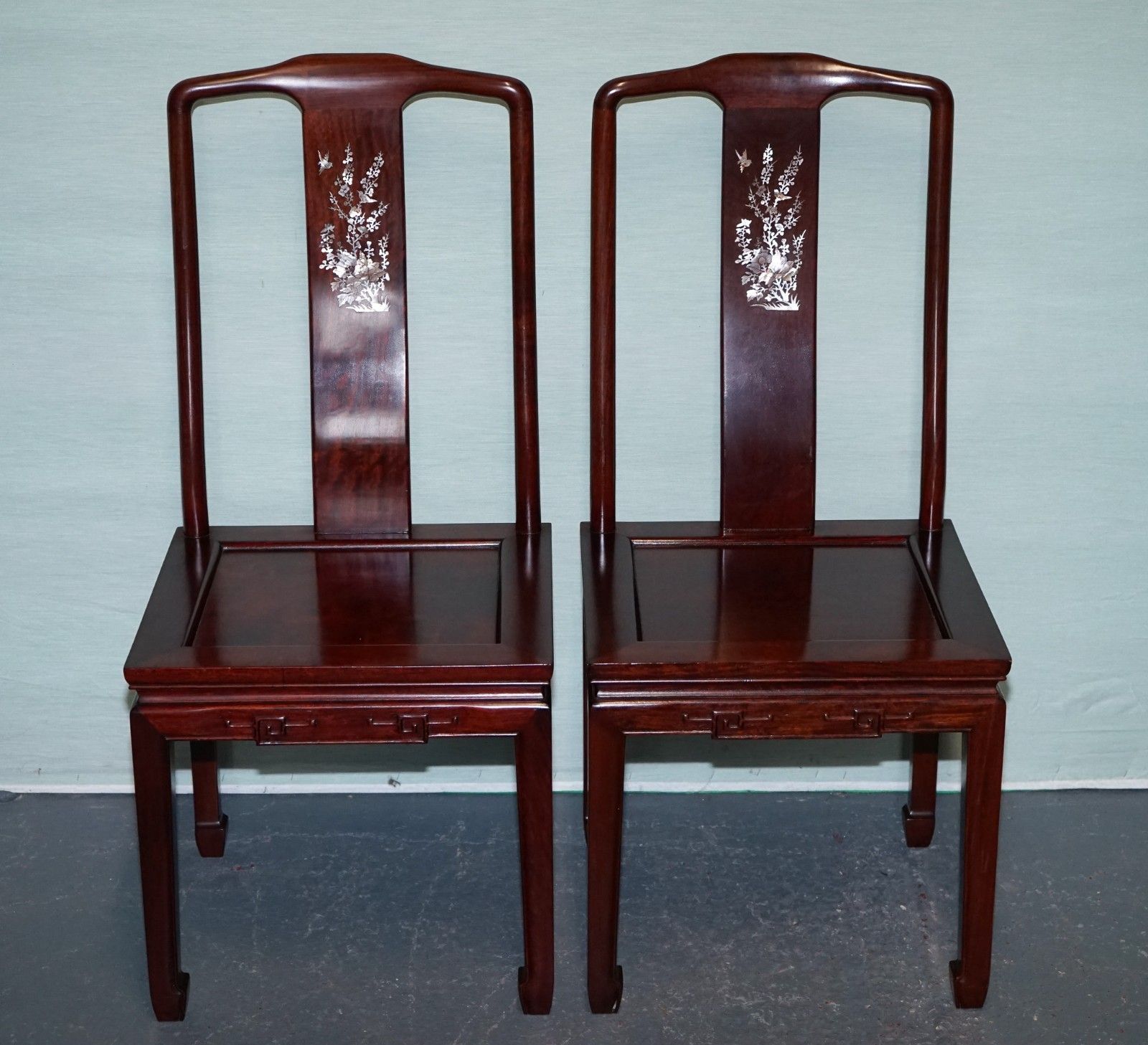 Pair Of Oriental Chinese Hardwood Mother Of Pearl Inlaid Hall Chairs photo for sale