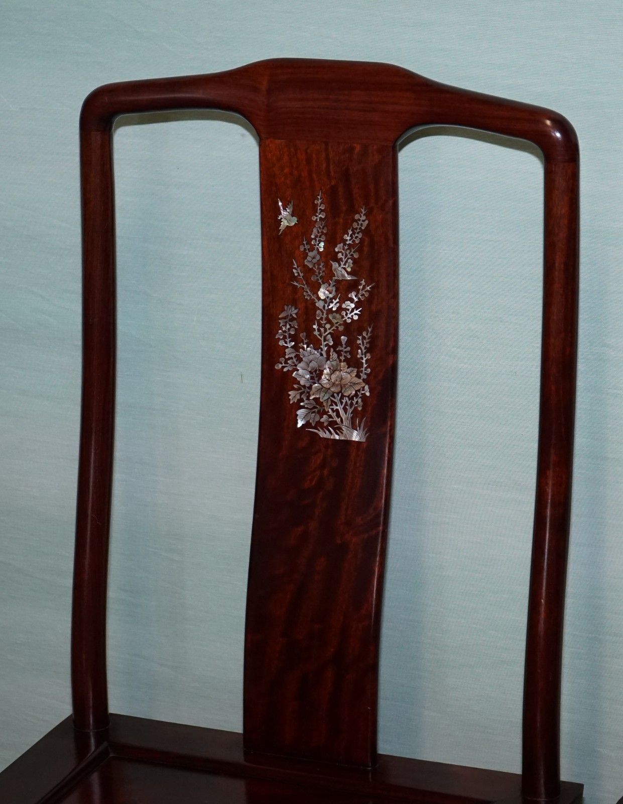 Pair Of Oriental Chinese Hardwood Mother Of Pearl Inlaid Hall Chairs photo Furniture