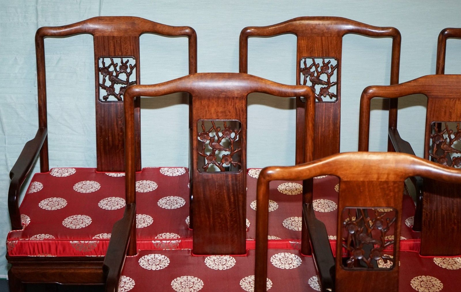 Set Of Ten Vintage Oriental Chinese Hardwood Carver Dining Armchairs W/ Cushions photo Furniture