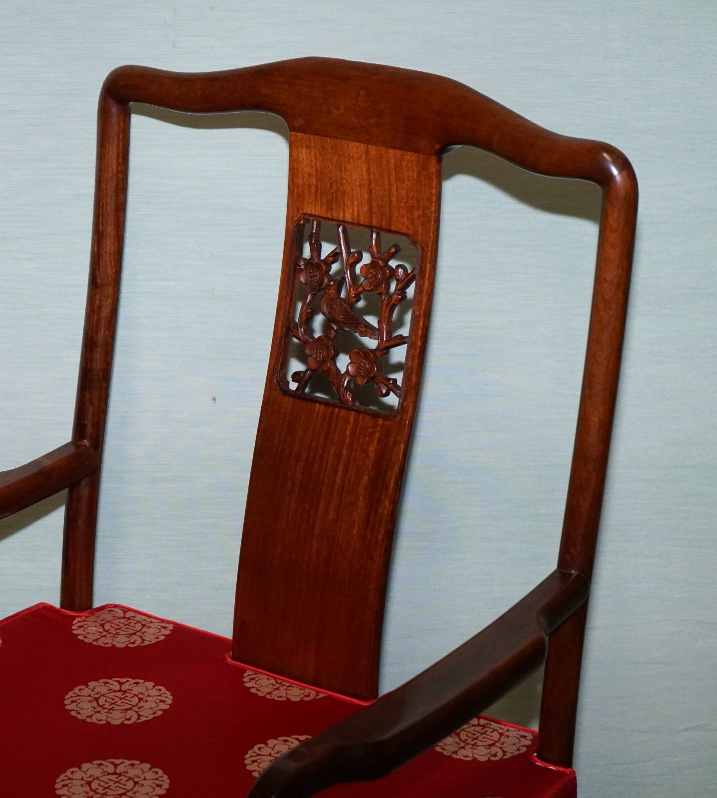 photo for sale Set Of Ten Vintage Oriental Chinese Hardwood Carver Dining Armchairs W/ Cushions
