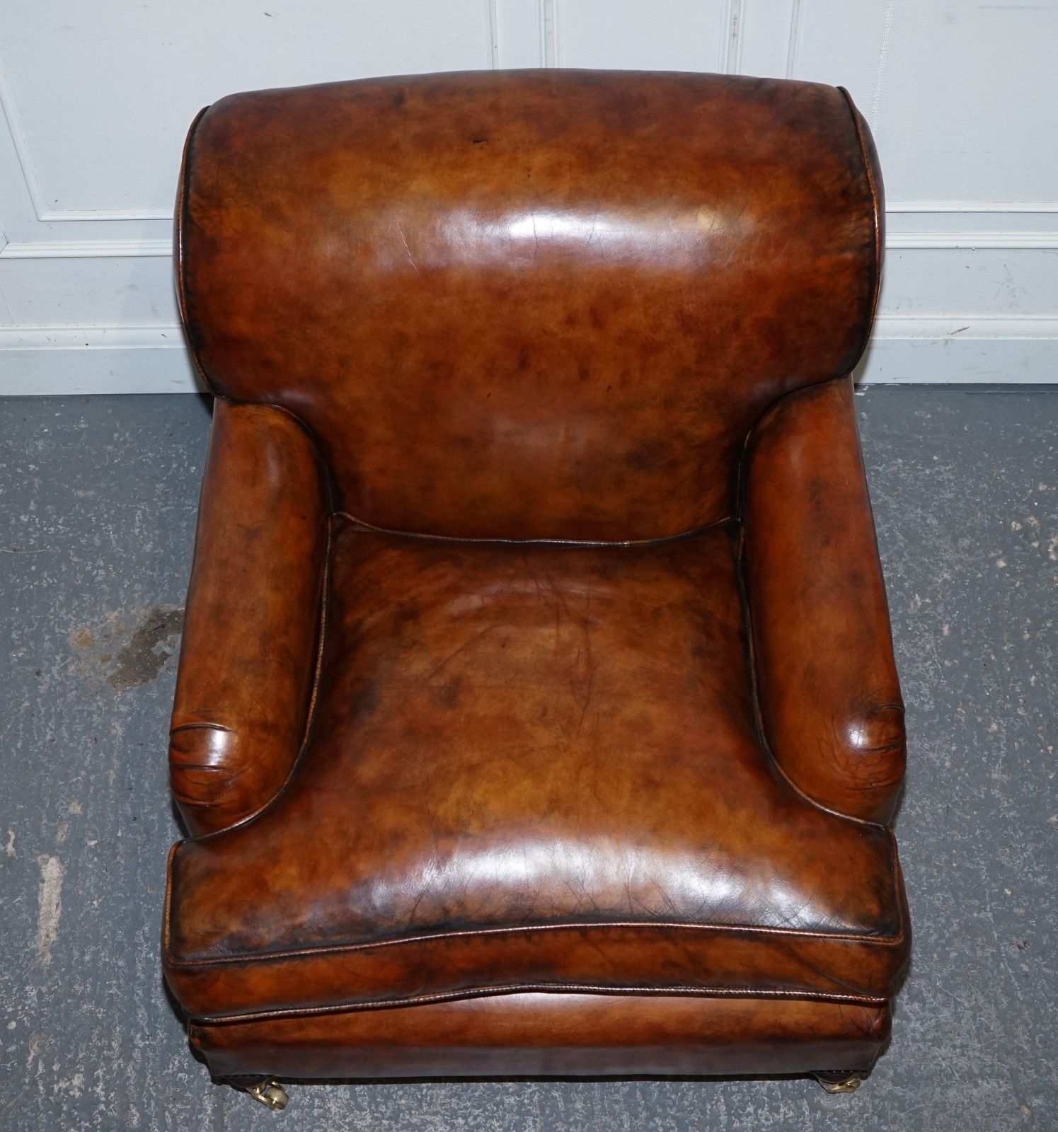 6500.0 Large Pair Of Howard Style Hand Dyed Leather Armchairs Feather Filled Cushions photo