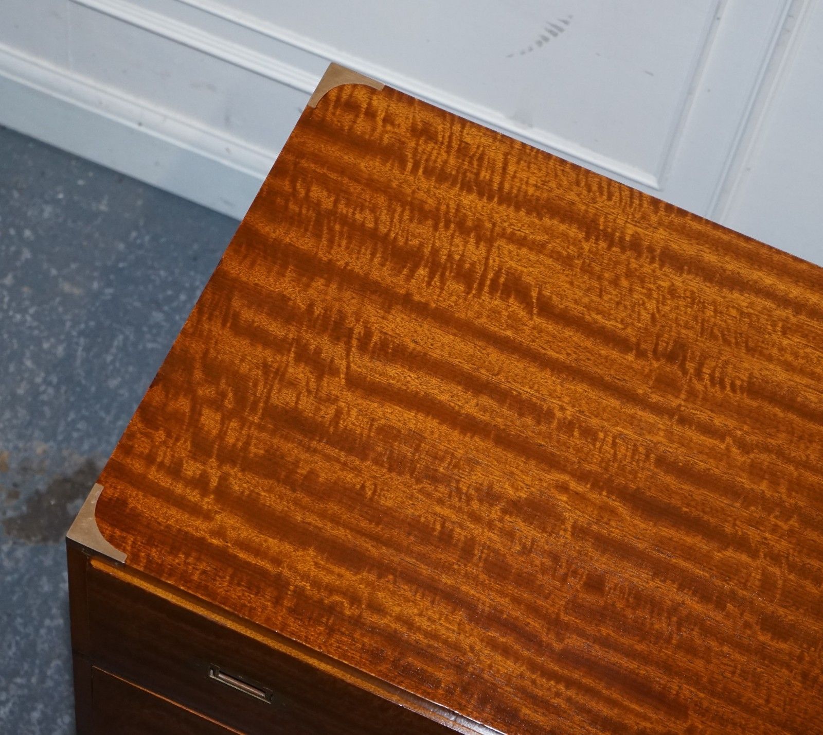 photo for sale Vintage Military Campaign Secretaire Chest Of Drawers With Aged Red Leather