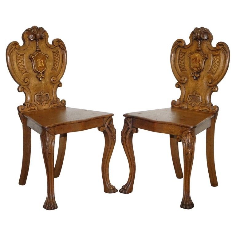 Antique Pair Of Victorian Solid Oak Carved Hallway Chairs With Lion Paw Feet