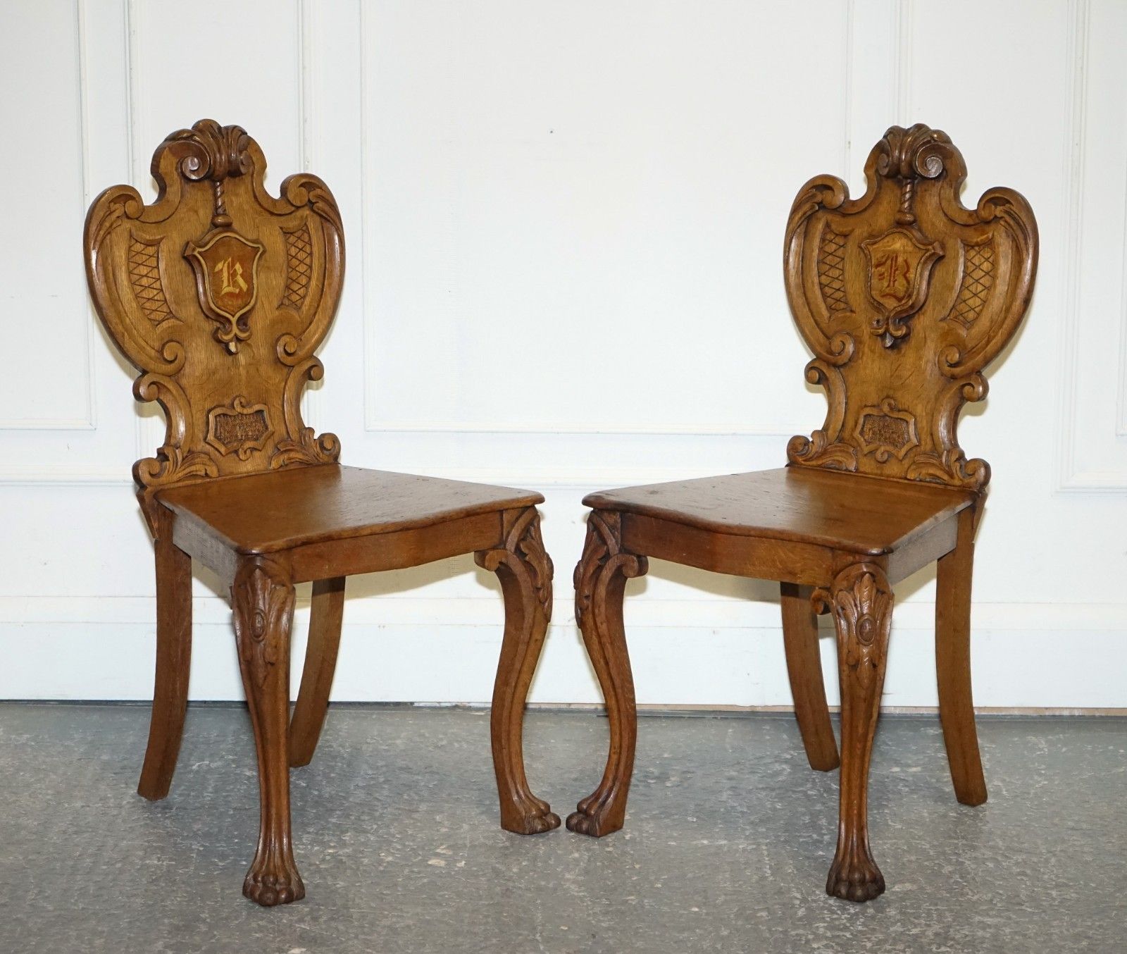Antique Pair Of Victorian Solid Oak Carved Hallway Chairs With Lion Paw Feet photo furniture