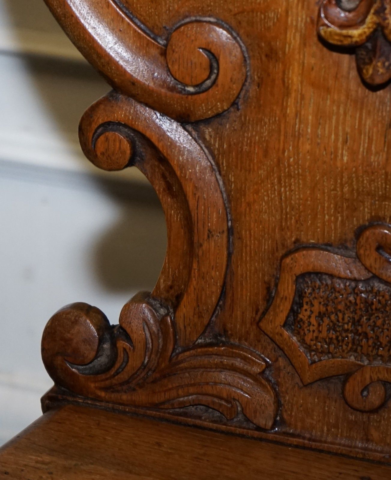 photo for sale Antique Pair Of Victorian Solid Oak Carved Hallway Chairs With Lion Paw Feet