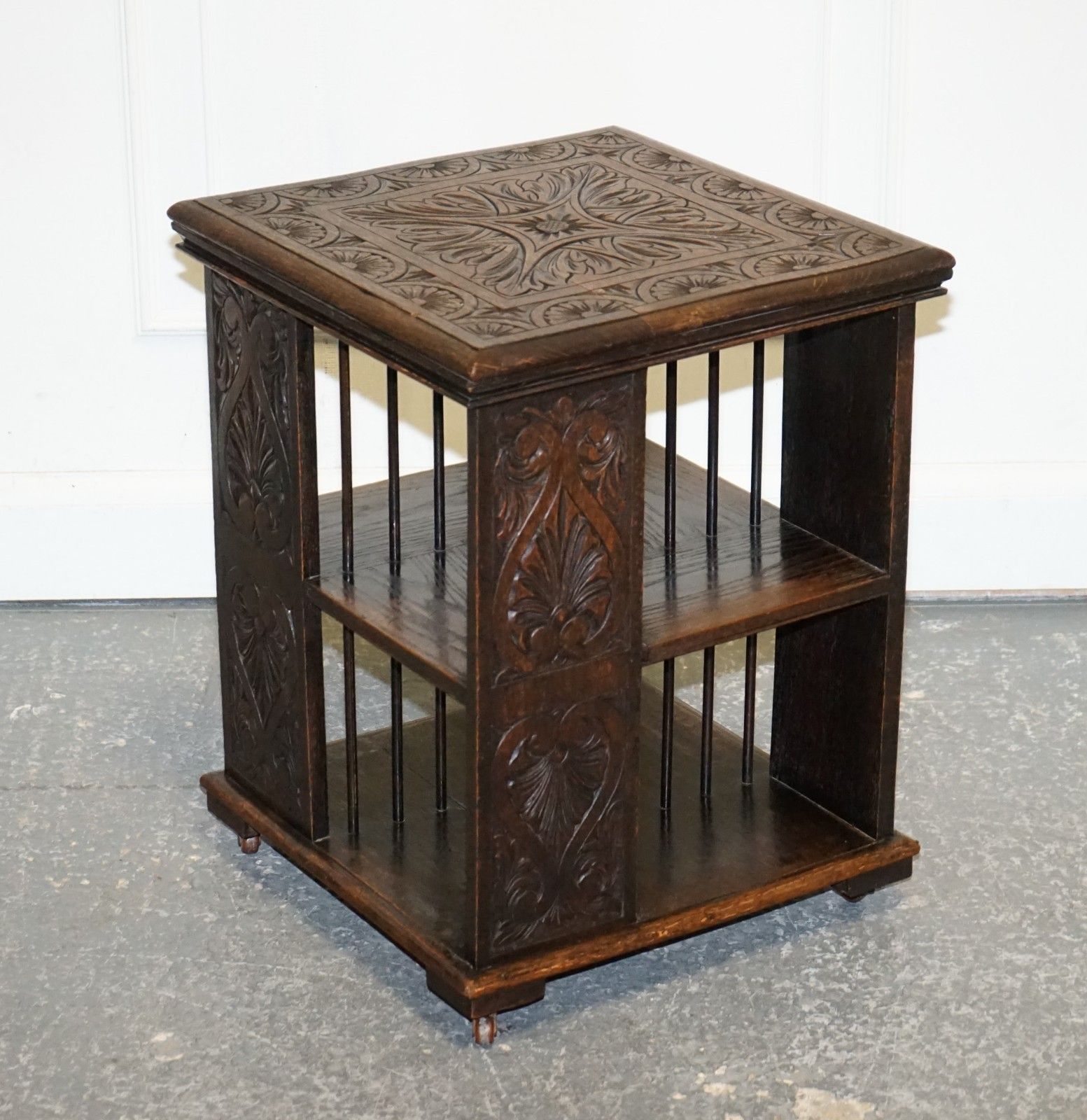 Antique Victorian English Solid Oak Carved Jacobean Revolving Open Bookcase photo furniture