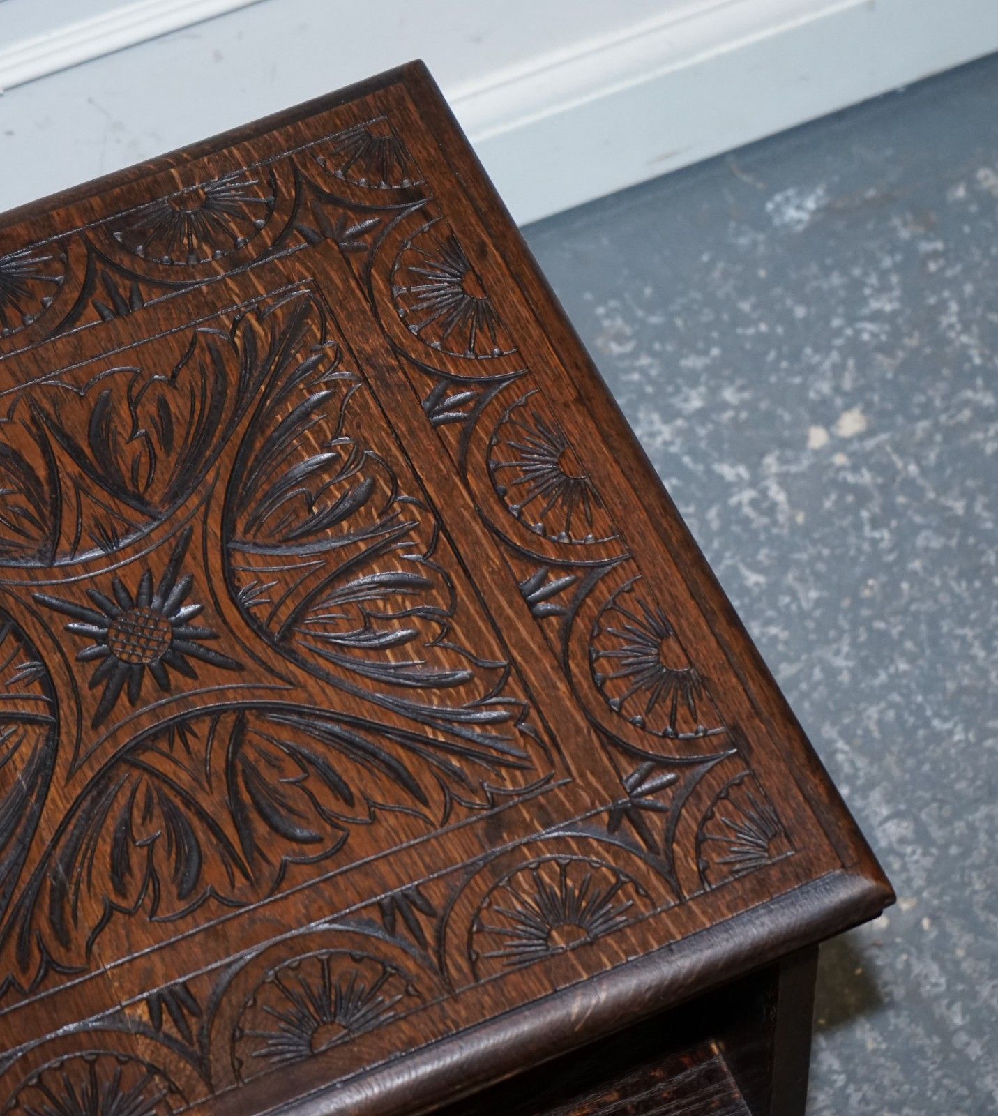 photo for sale Antique Victorian English Solid Oak Carved Jacobean Revolving Open Bookcase