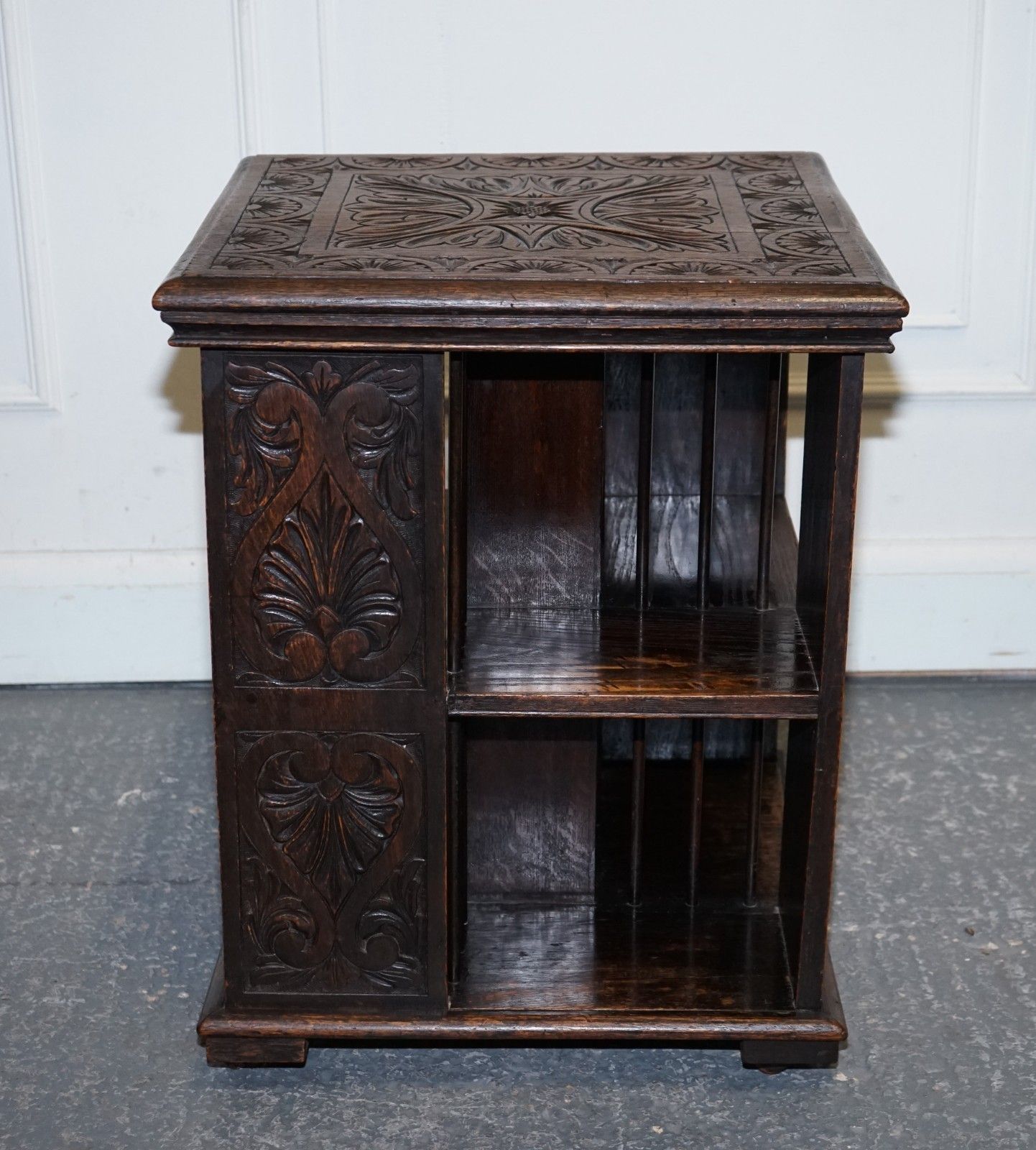 Furniture Antique Victorian English Solid Oak Carved Jacobean Revolving Open Bookcase photo