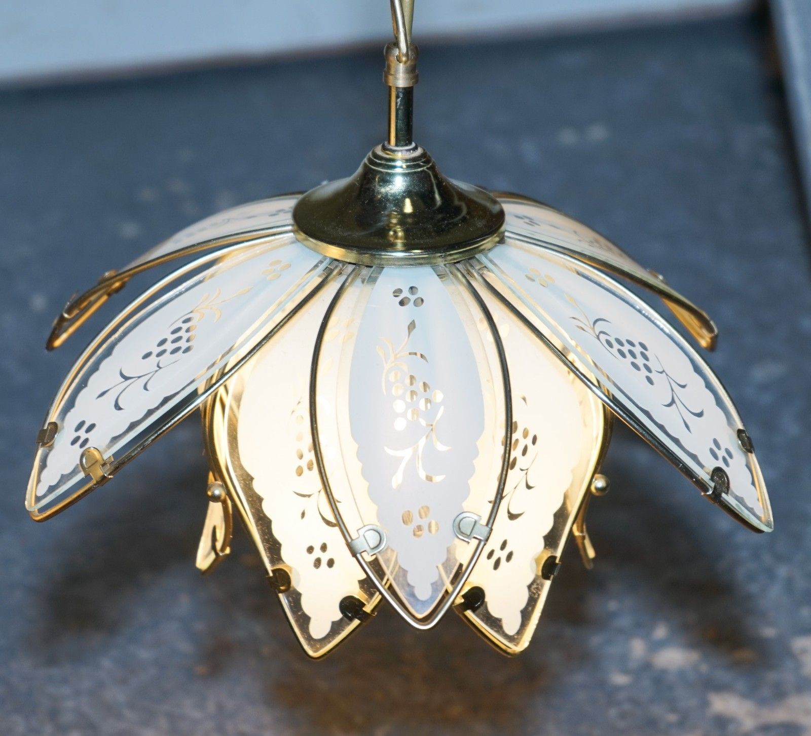 900.0 Pair Of Art Deco Style 1960's Flower Lotus Glass Ceiling Lamps photo