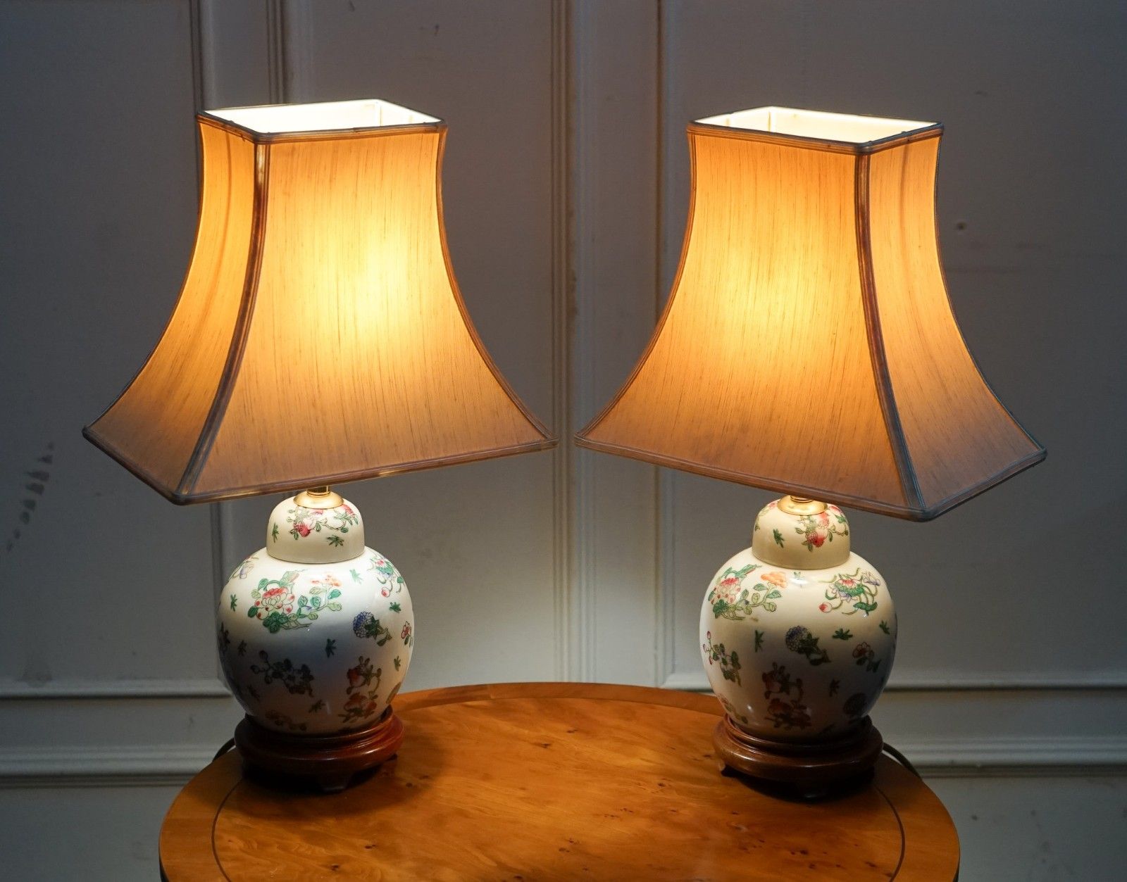 Pair Of Vintage Oriental Asian Hand Painted Table Lamps With Lamp Shades photo Lighting