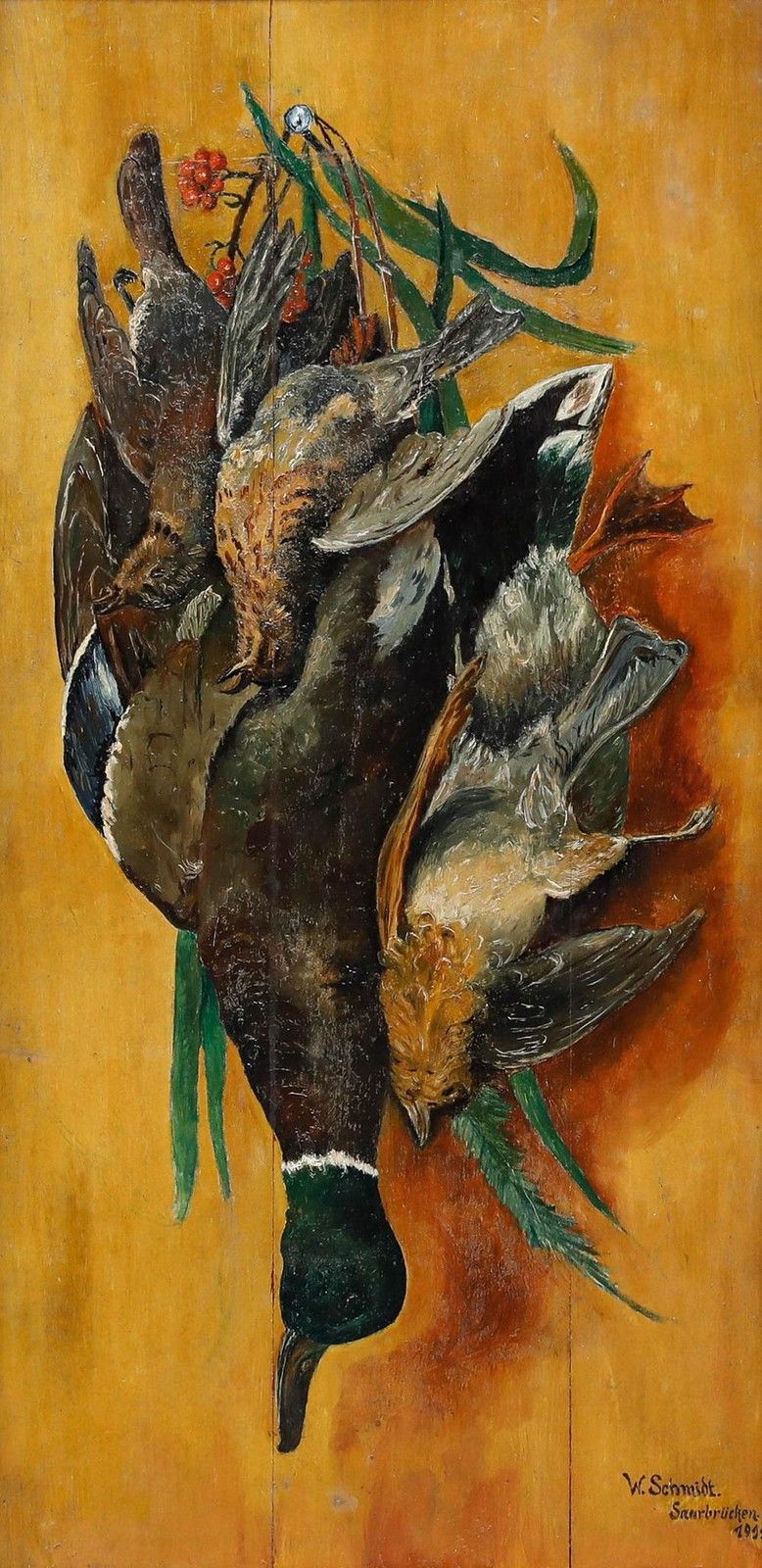 Wilhelm Schmidt (1878 1958) Framed 1911 Oil, Mallard & Thrush photo furniture