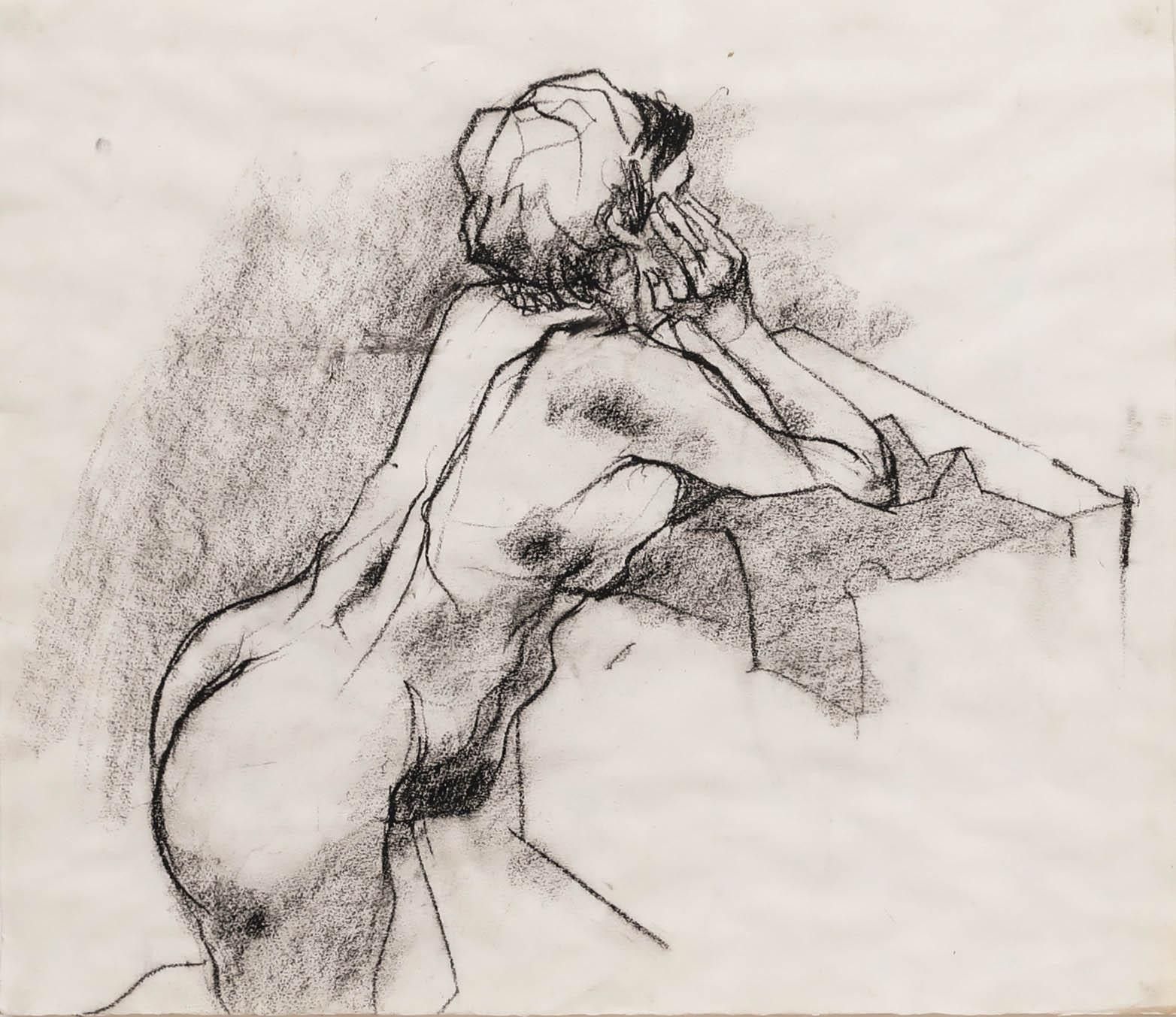 Maggie O'brien 20th Century Charcoal Drawing, Thoughtful Nude photo furniture