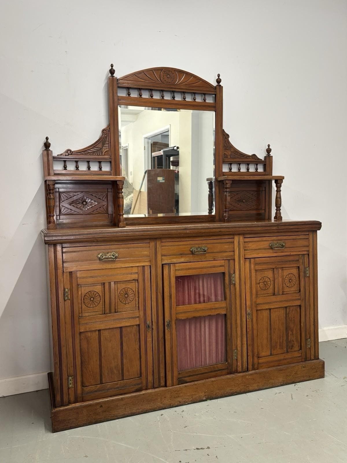 Antique Carved Sideboard With Mirror, Ornate Detailing & Curtain Panelled Doors, Antique Mirrored Back Sideboard, Country House Interiors photo furniture