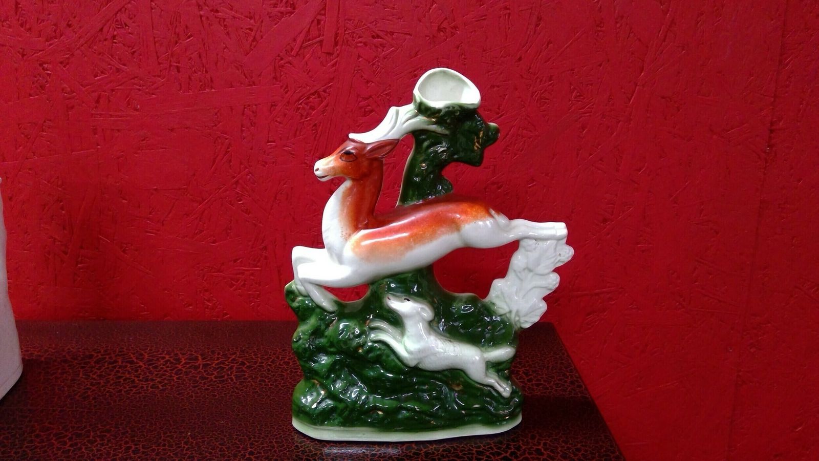 Pair Of Antique Staffordshire Flat Backed Pottery Figures Of Stags Running With Hounds photo for sale