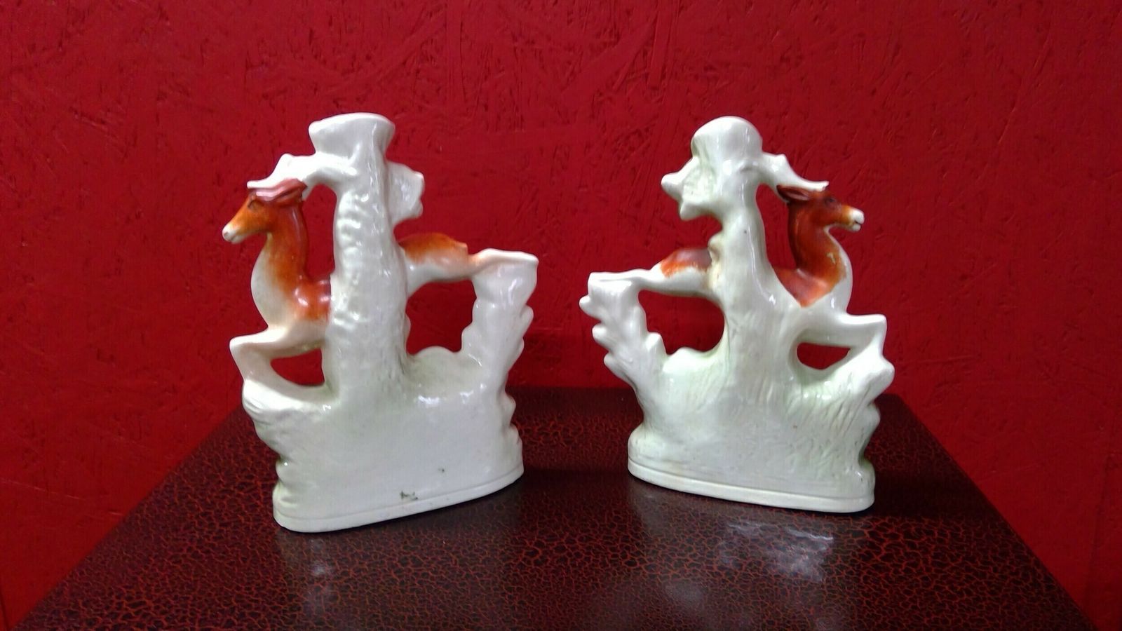 Pair Of Antique Staffordshire Flat Backed Pottery Figures Of Stags Running With Hounds photo 300.0