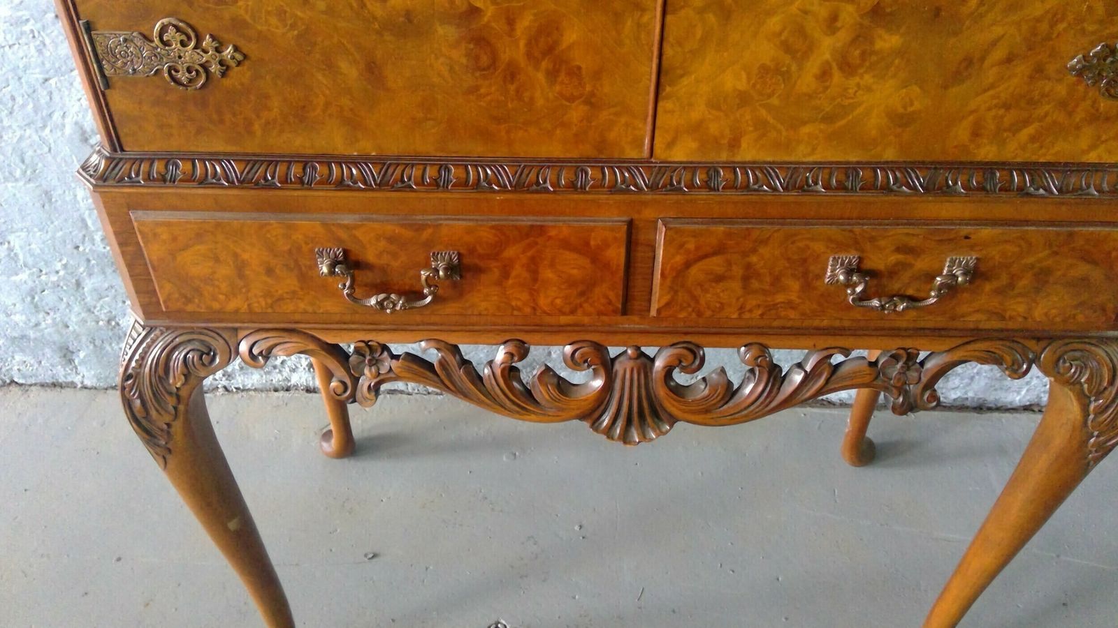 Lou And Harry Epstein A Fine Figured Burl Walnut Cocktail Cabinet In The Queen Anne Style By The Epstein Furniture Company Locks Working Supplied With photo for sale