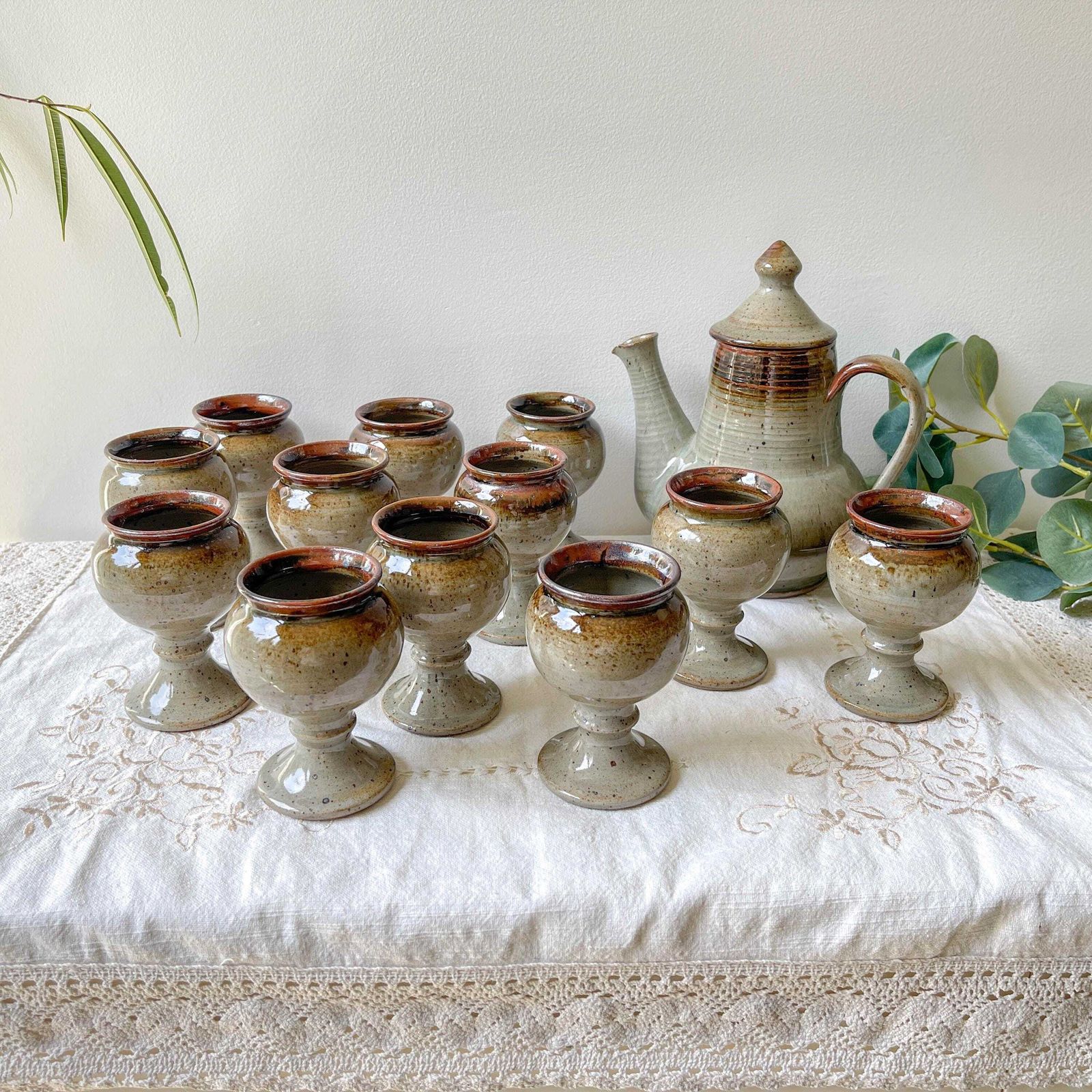 Vintage C. Dangon Salins Coffee Set From The 1950s   Rare Vintage Stoneware Coffee Cups   Vintage Stoneware Teapot