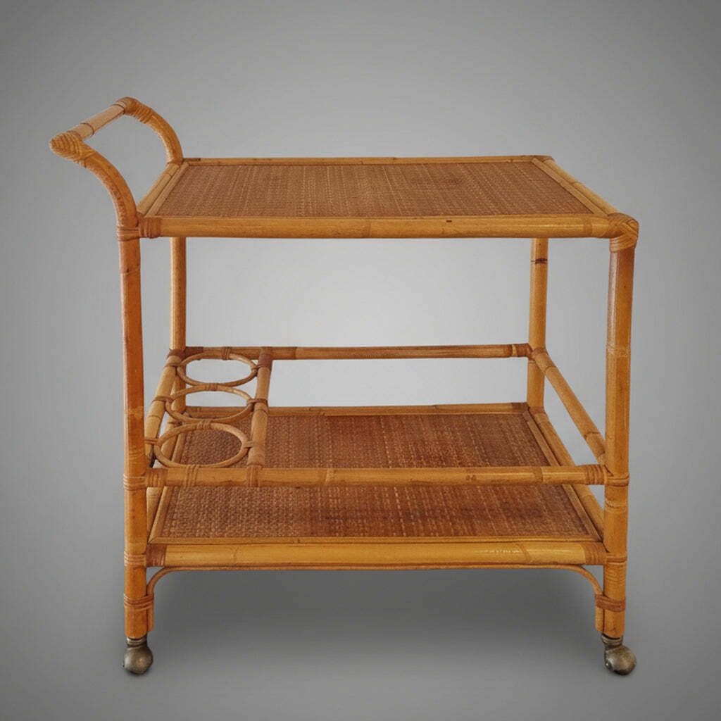 1960s Luxury Handcrafted And Elegant Bar Cart In Bamboo E Rattan. Made In Italy photo furniture