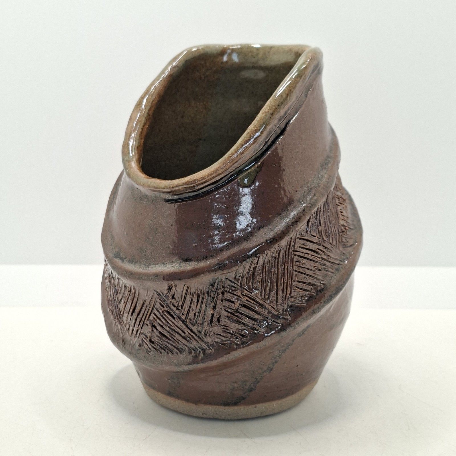 photo buy British Studio Pottery Trio Of Vases Graduating Handcrafted Brown Glaze Signed