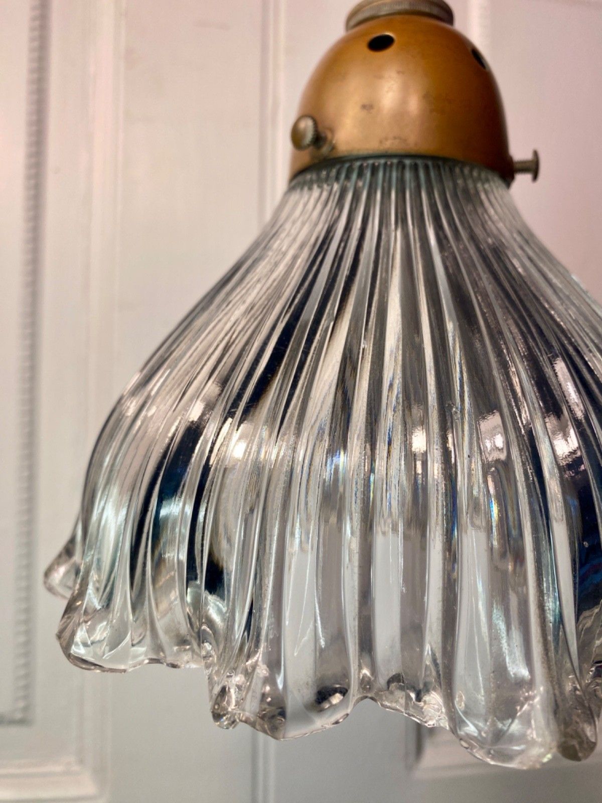 Vintage Holophane Prismatic Glass Pendant Ceiling Light. photo vintage