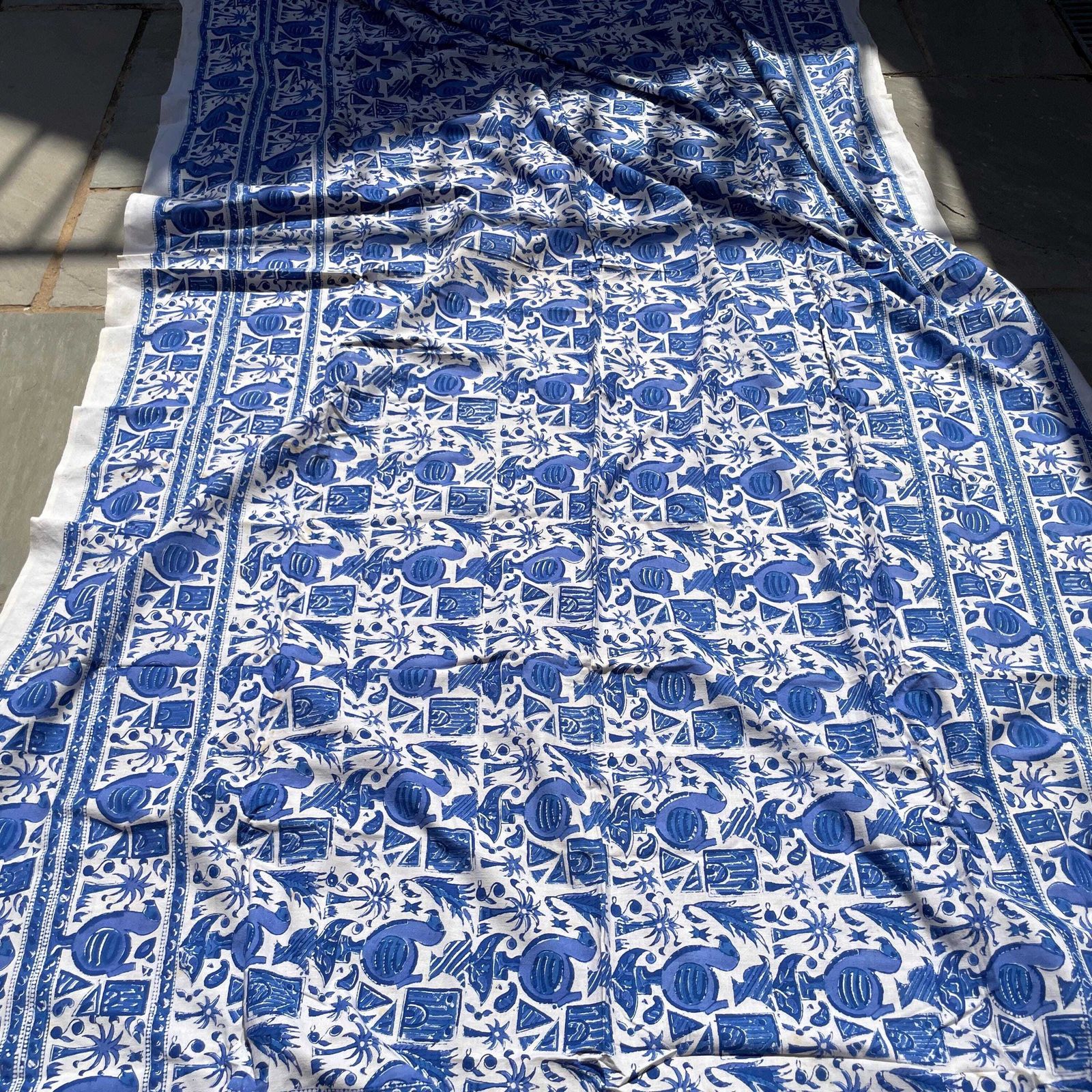 photo for sale Hand Printed Indian Fabric 296x147cm Dodo Bird Pattern Block Blue White Tapestry Cotton Handmade Craft Dress Making Traditional Cloth India