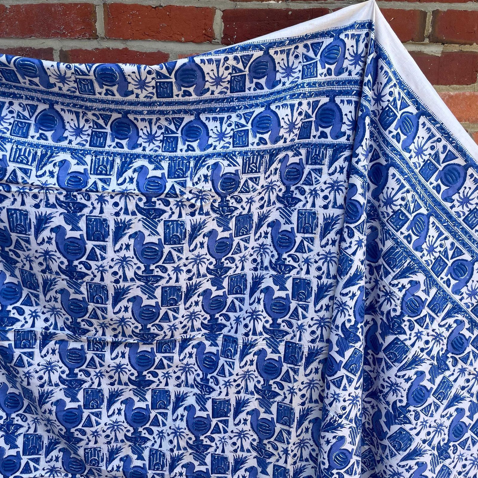 photo vinterior Hand Printed Indian Fabric 296x147cm Dodo Bird Pattern Block Blue White Tapestry Cotton Handmade Craft Dress Making Traditional Cloth India