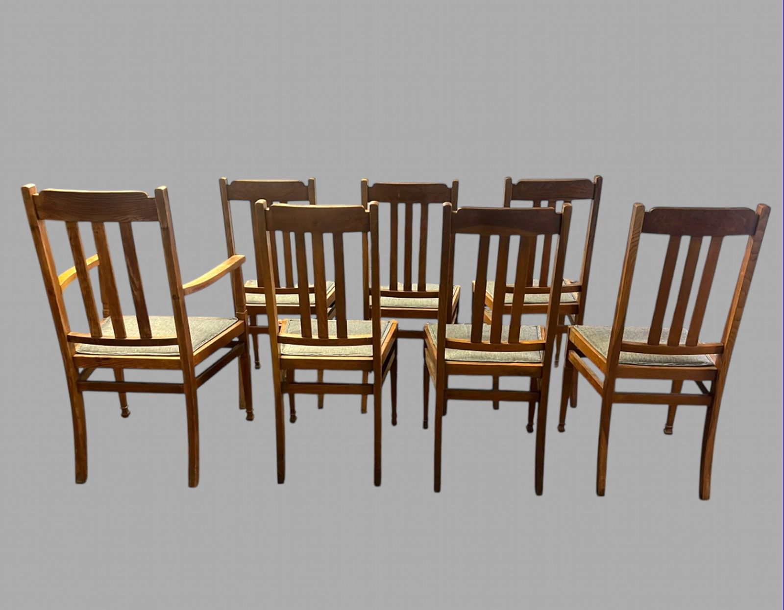 Set Of 7 Oak Dining Chairs With Upholstered Seats – Arts & Crafts Revival Style photo for sale