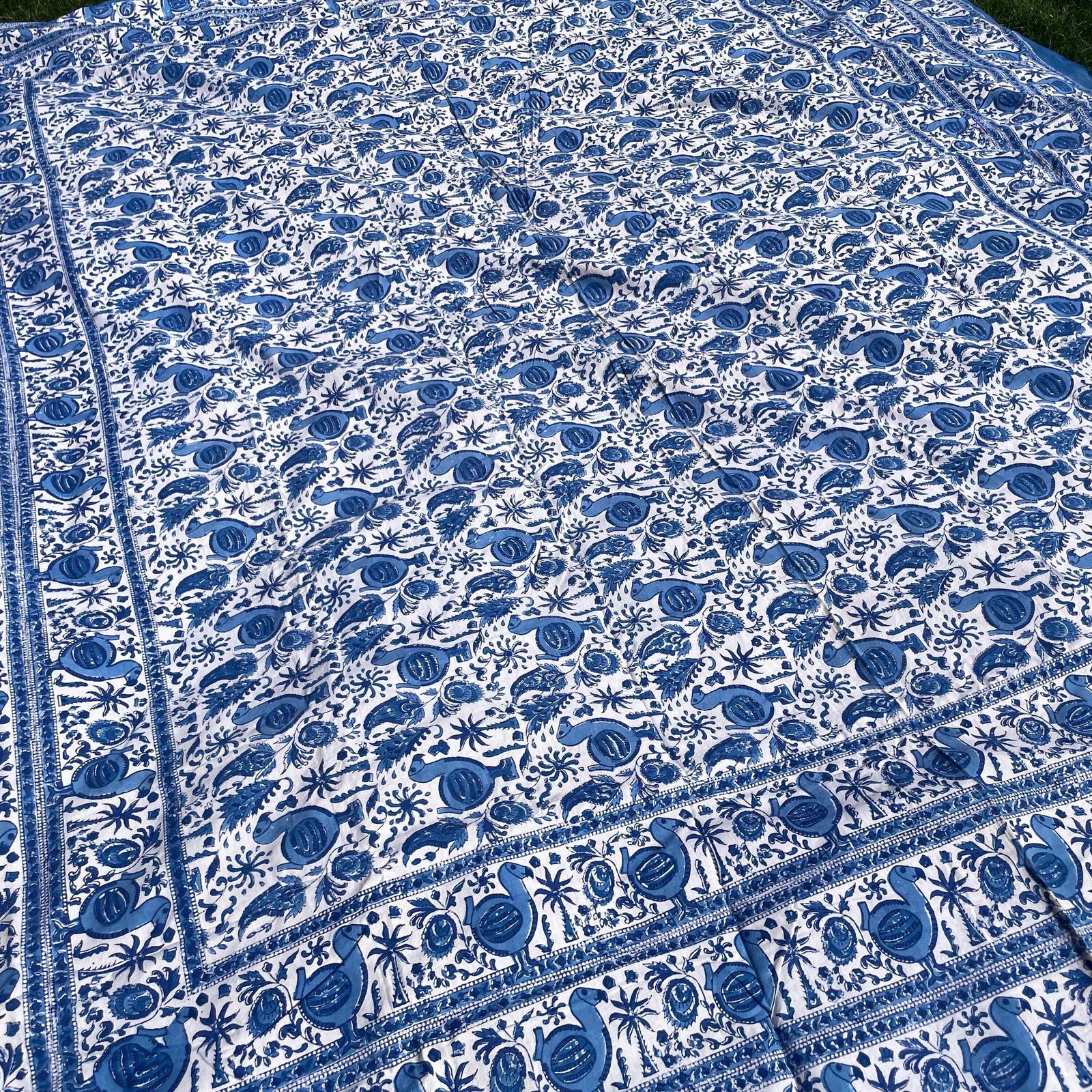 photo furniture Hand Printed Indian Fabric 262x220cm Dodo Bird Pattern Block Blue White Tapestry Cotton Handmade Craft Dress Making Traditional Cloth India