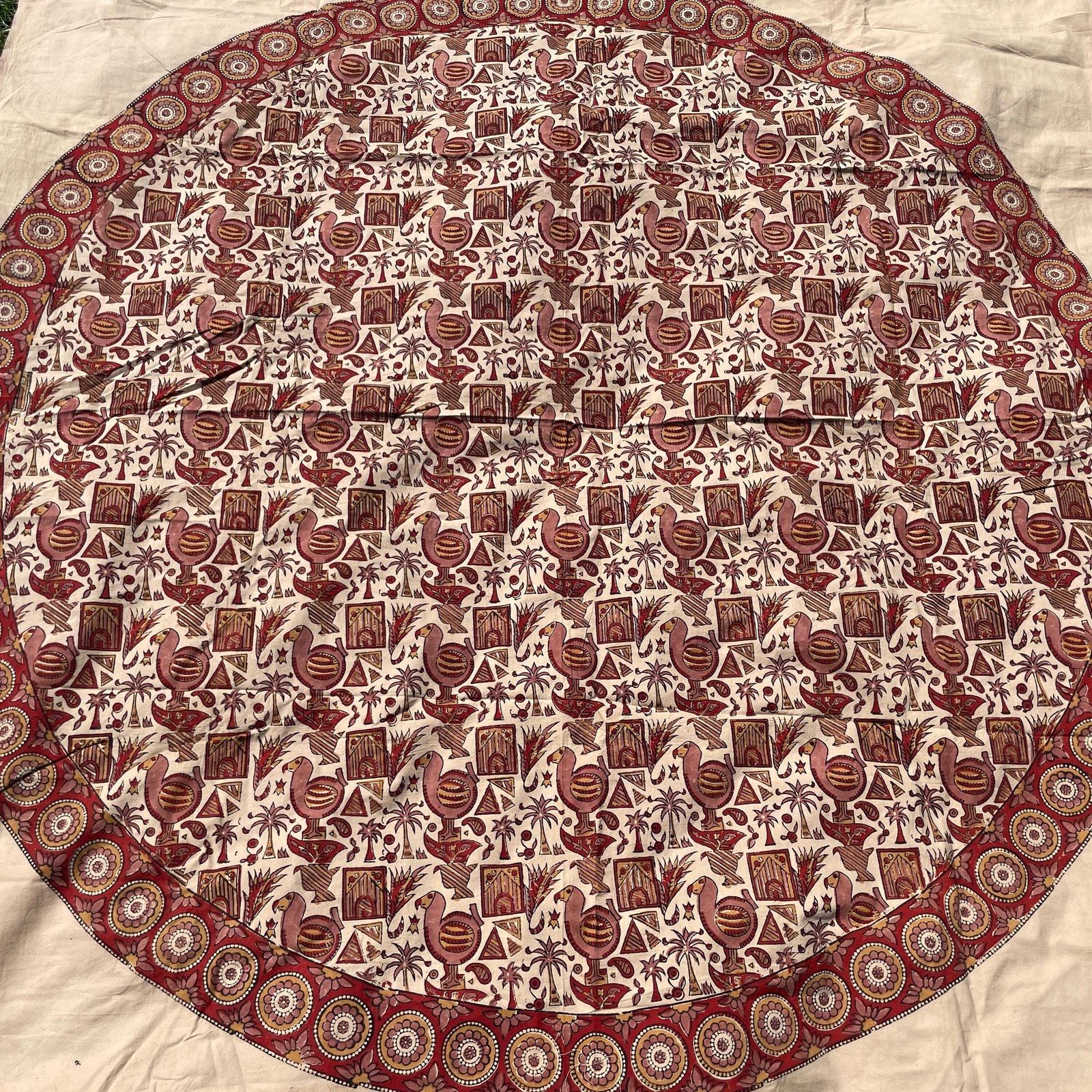 Hand Printed Indian Fabric 168x165cm Dodo Bird Pattern Block Pink Red Tapestry Cotton Handmade Craft Round Making Traditional Cloth India