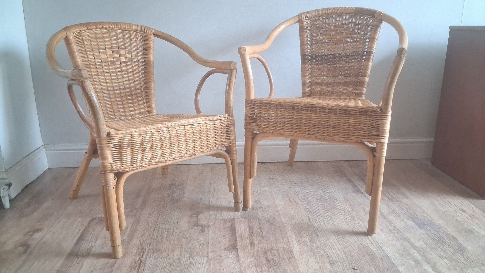 Pair Of 1980s Rattan Boho Mid Century Bentwood Armchairs