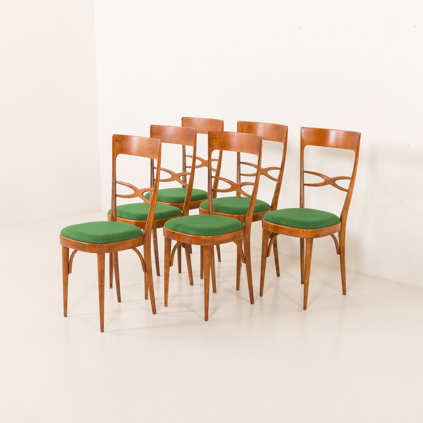Italian Mid Century Chairs In Walnut And Wool In The Style Of Carlo Di Carli, 1950s photo for sale