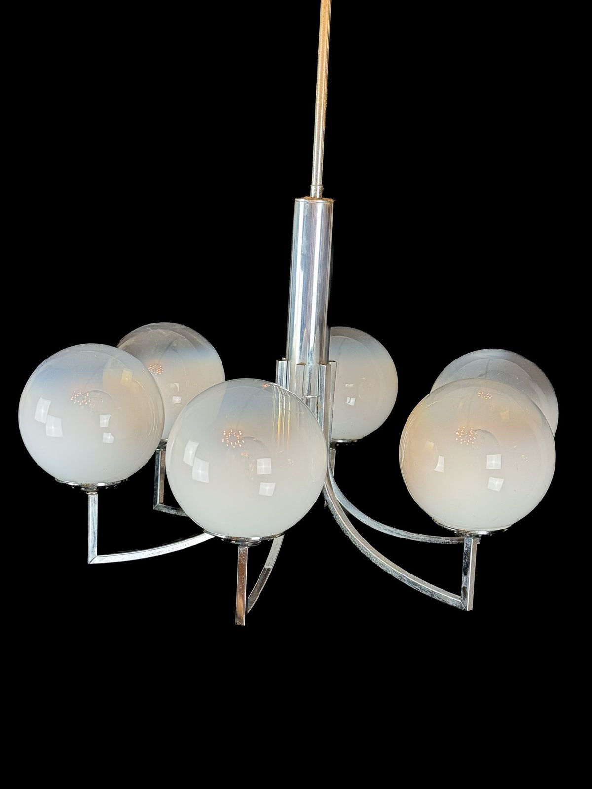 Six Arms Chandelier In Murano Glass Spheres And Chrome. Italy 1960s photo buy