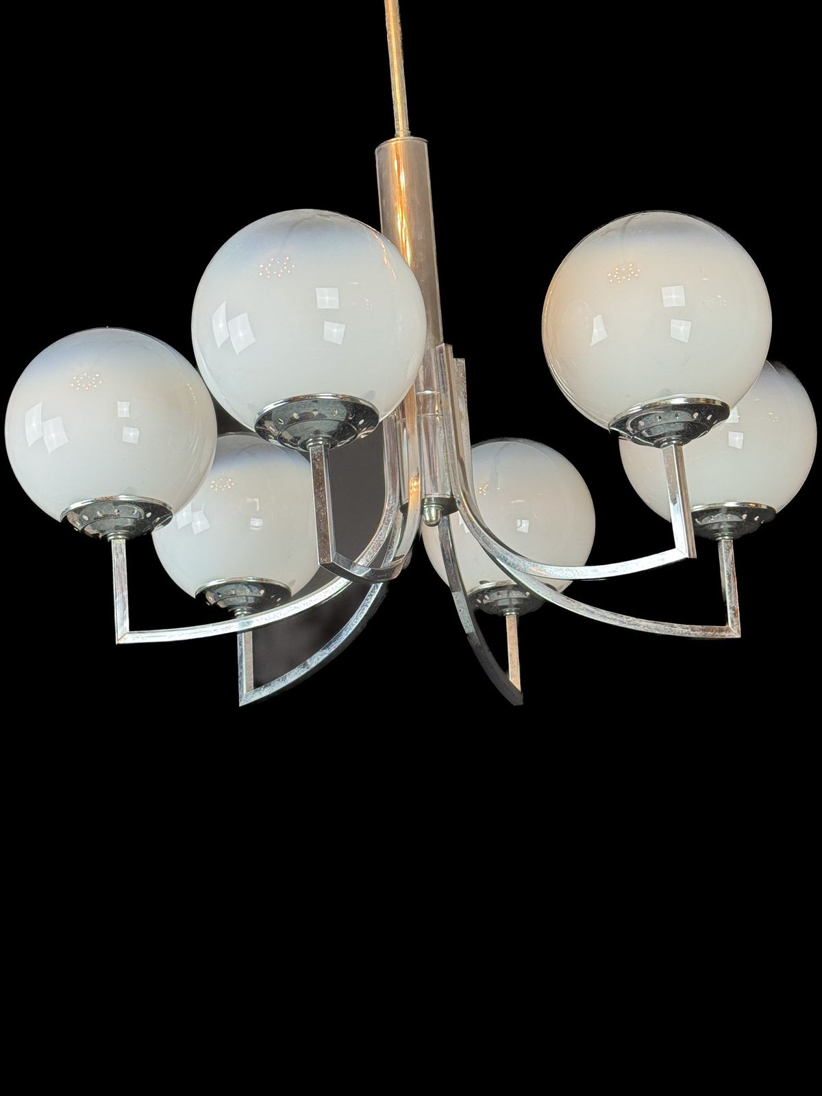 photo for sale Six Arms Chandelier In Murano Glass Spheres And Chrome. Italy 1960s